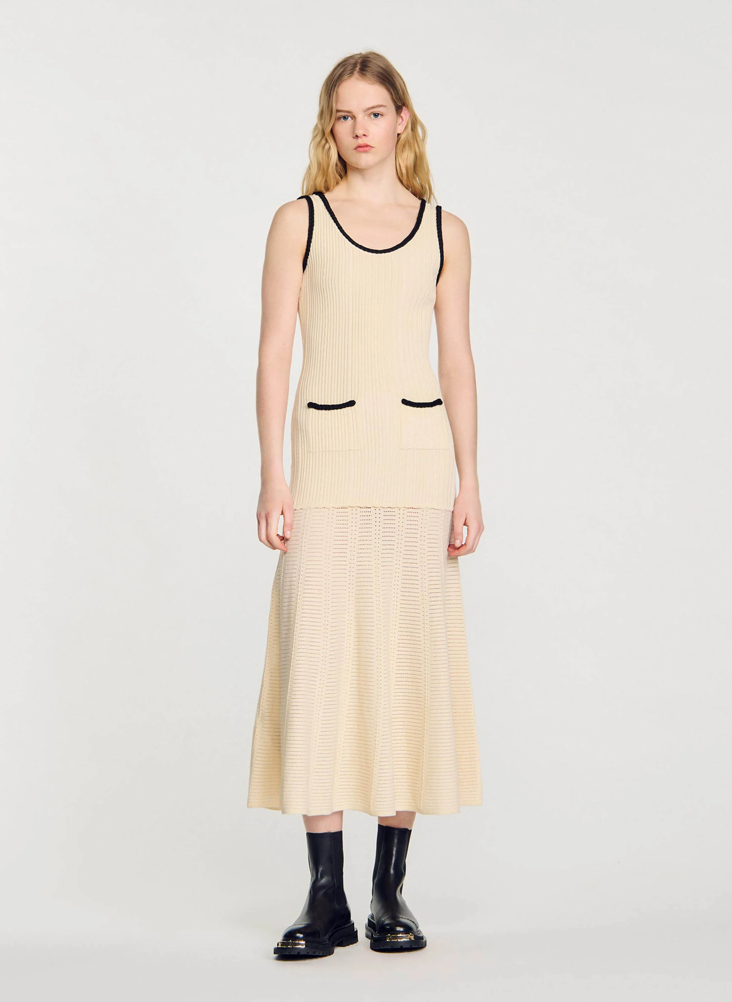 Robe longue évasée col rond en maille | Blanc