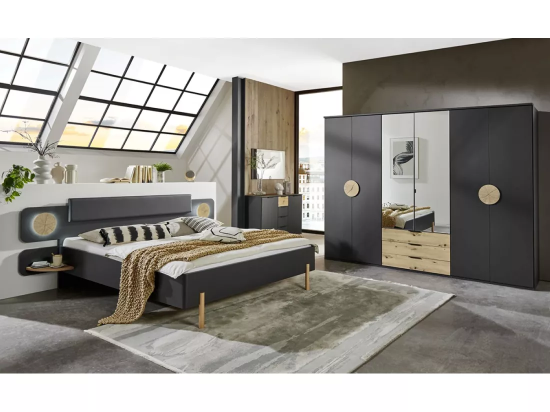 Ensemble de chambre à coucher complète coloris graphite, rechampis imitation bois