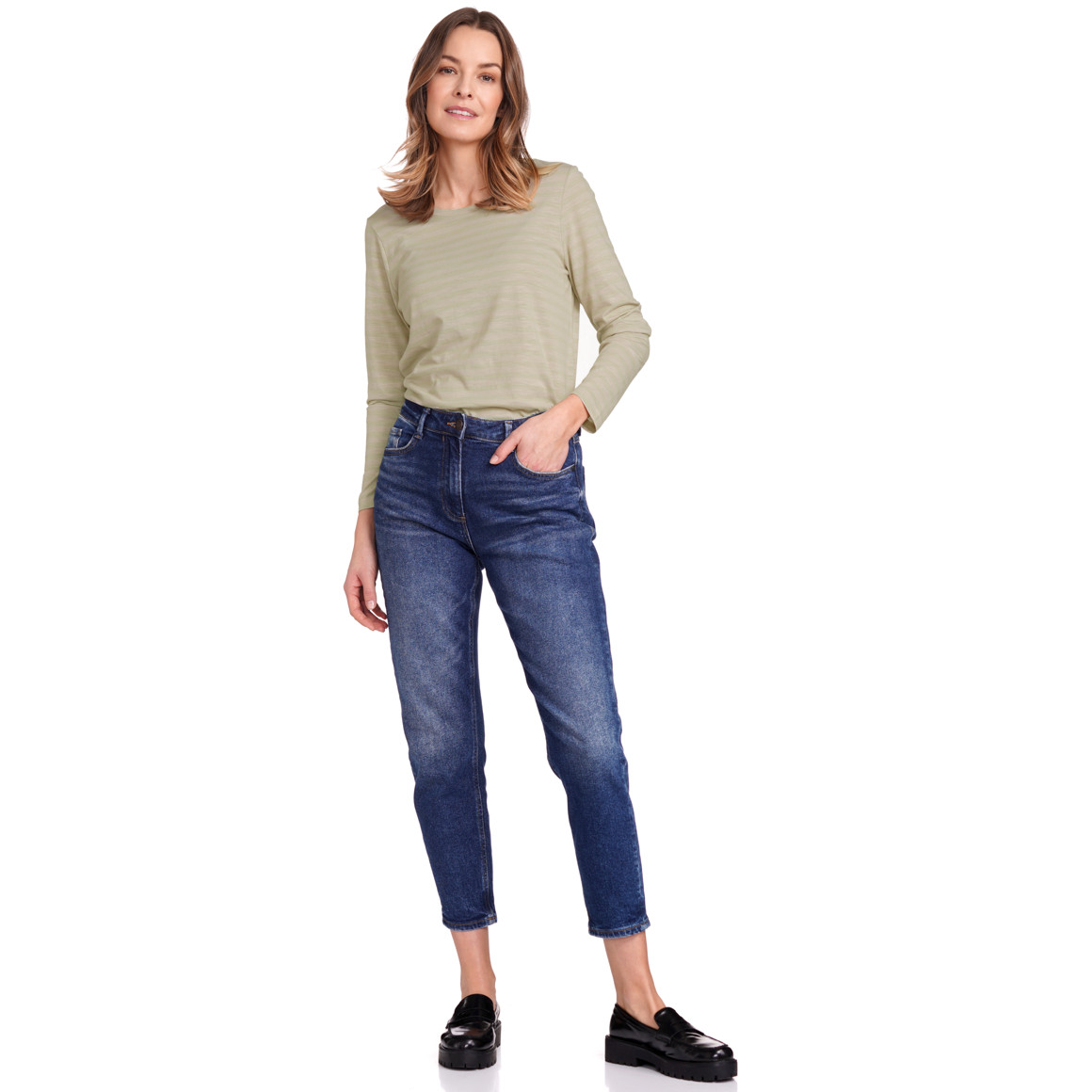 Gina Benotti Damen Langarmshirt gestreift hellgrün / beige