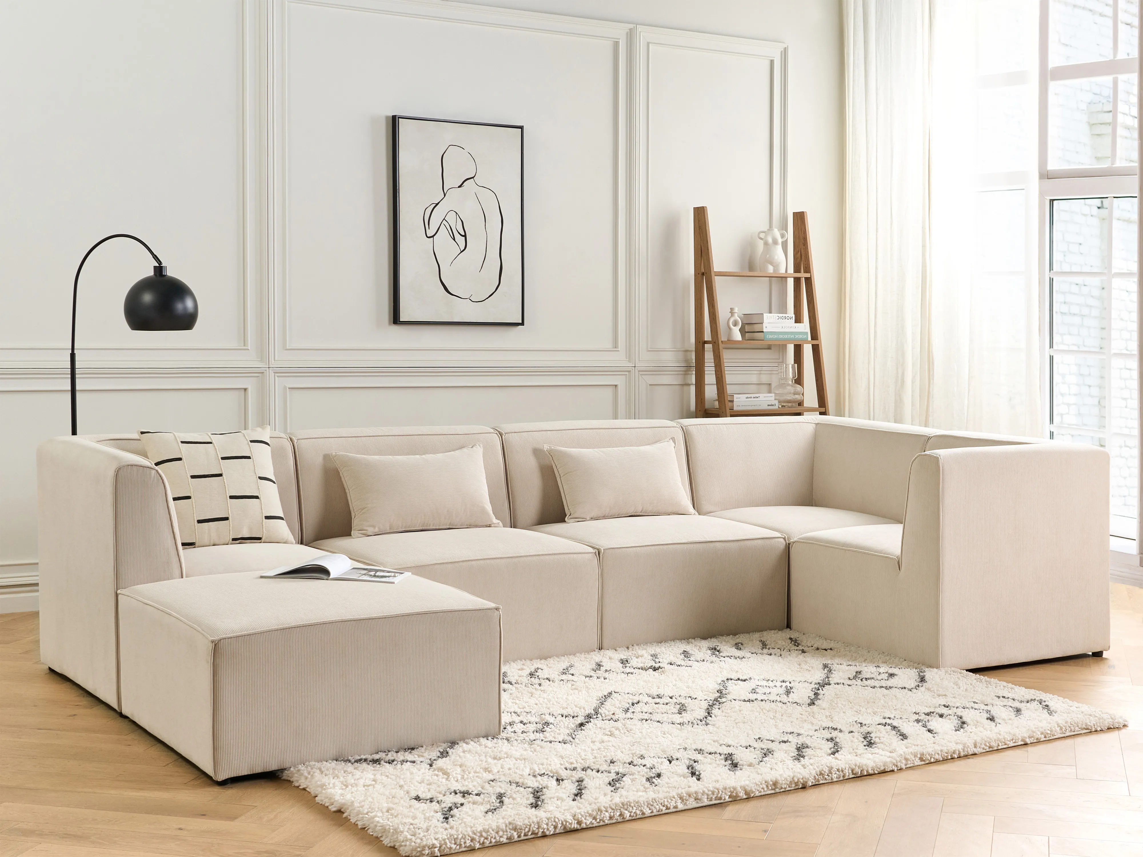 Modulaire hoekbank 5-zits LEMVIG Corduroy Lichtbeige met ottomaan linkszijdig