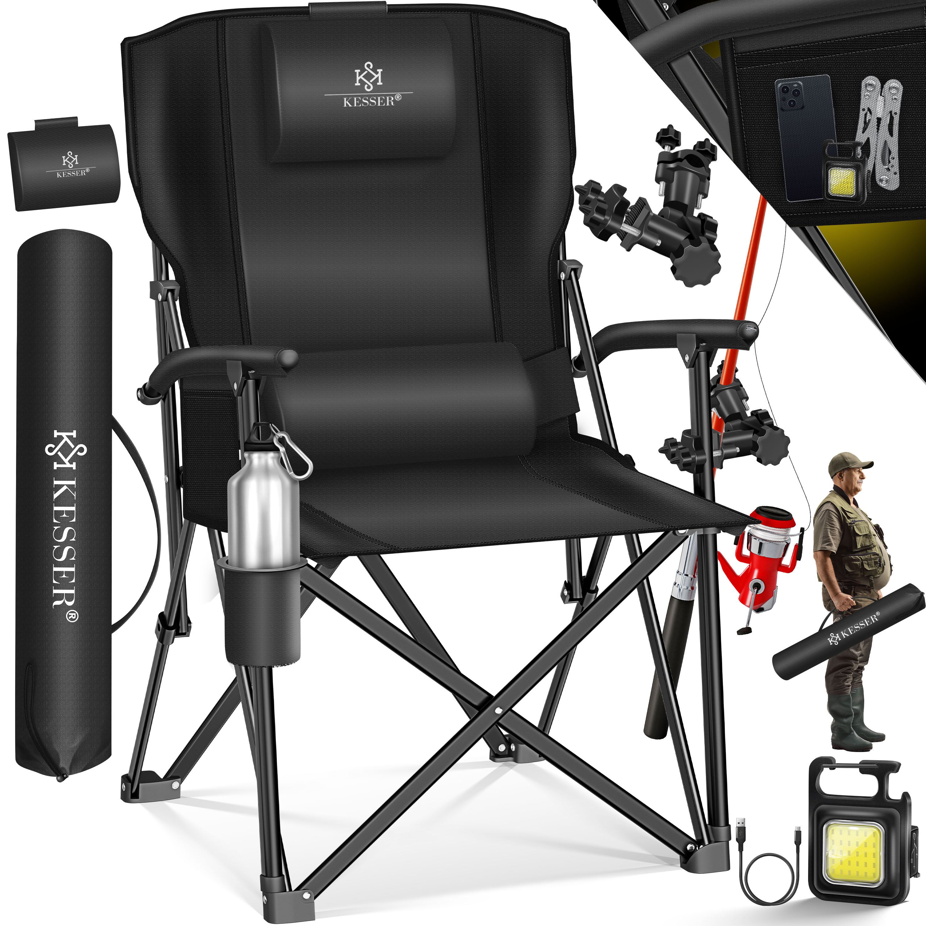 KESSER® Campingstuhl faltbar bis 160 kg | Angelstuhl Faltstuhl Klappstuhl Gepolstert mit Armlehnen | Campinglicht und Getränkehalter + Tasche mit hoher Rückenlehne | Strandstuhl mit Angelhalterung