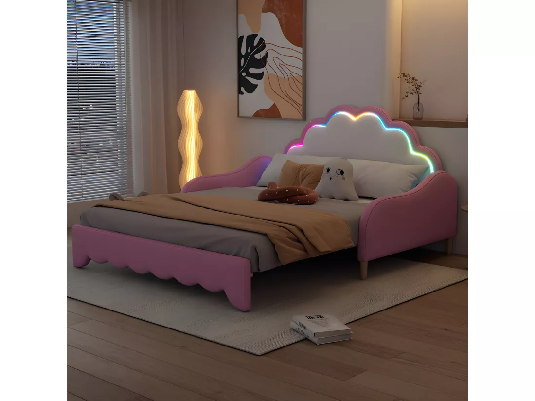 Lit enfant tirable en similicuir - 140x200cm - avec LED et télécommande - Rose (équipé d'un matelas)