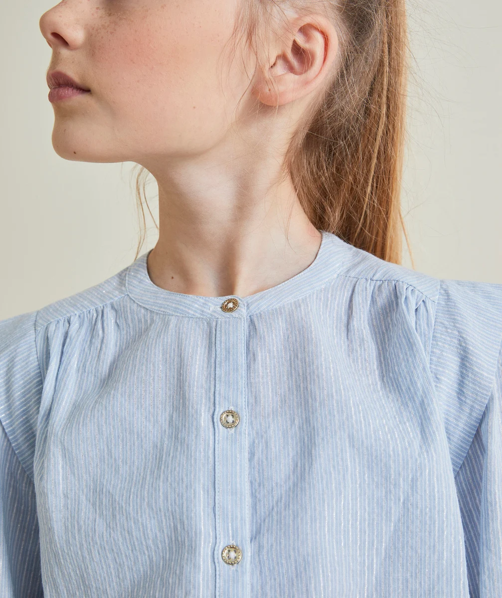 CHEMISE MANCHES LONGUES FILLE BLEUE À RAYURES AVEC DÉTAILS PAILLETÉS