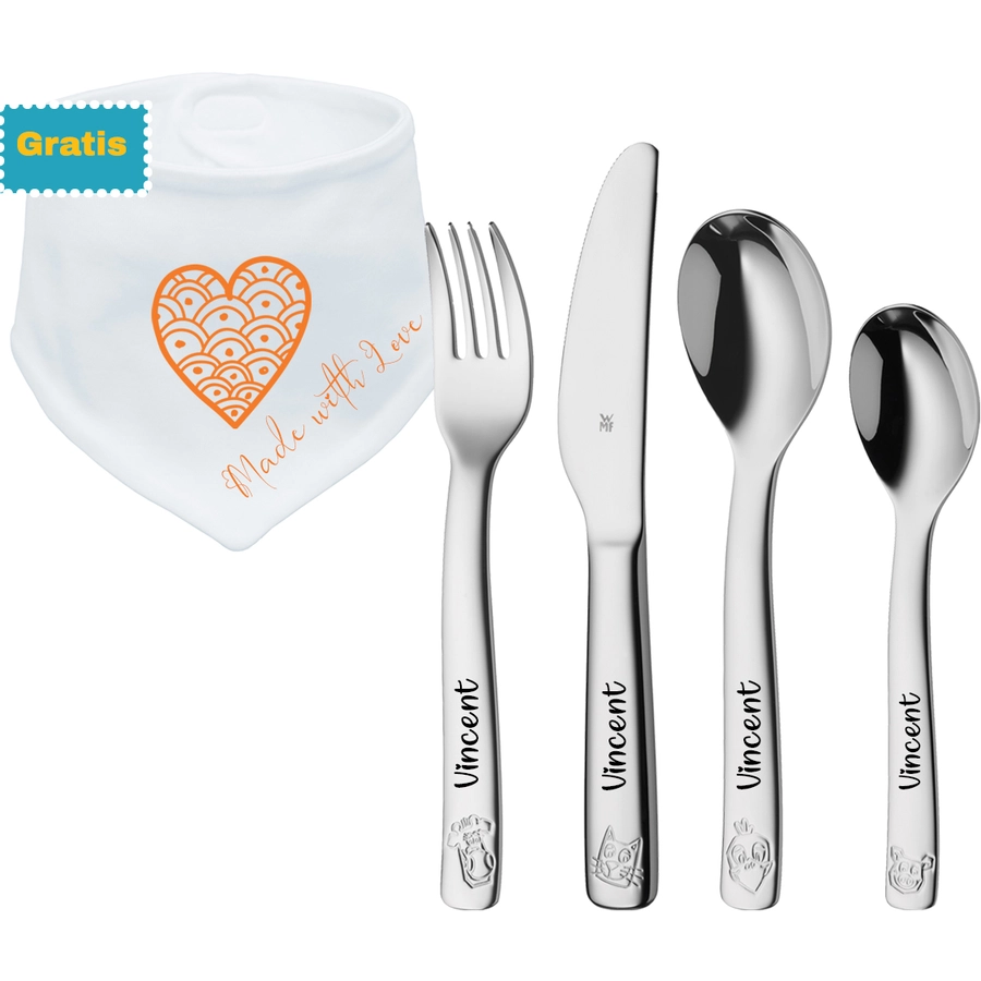 Schnullireich Geschenkset mit Namen WMF Kinderbesteck Farm + Gratis Sabberlätzchen Love Silber