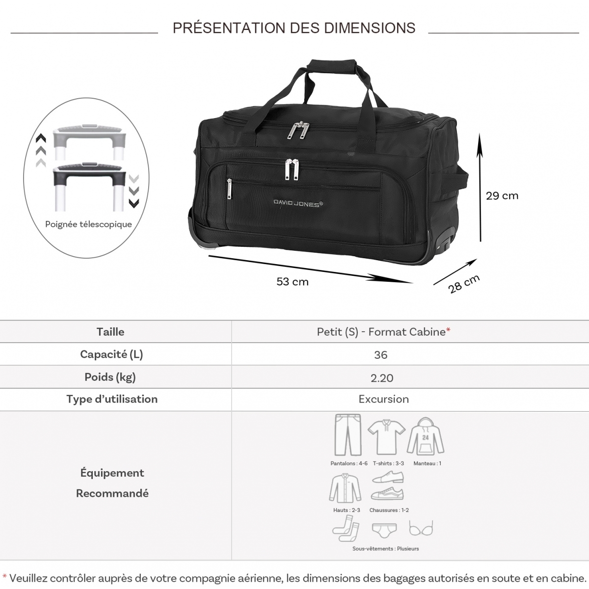 David Jones Sac de voyage cabine avec roulettes 36L David Jones polyester taille S 53cm