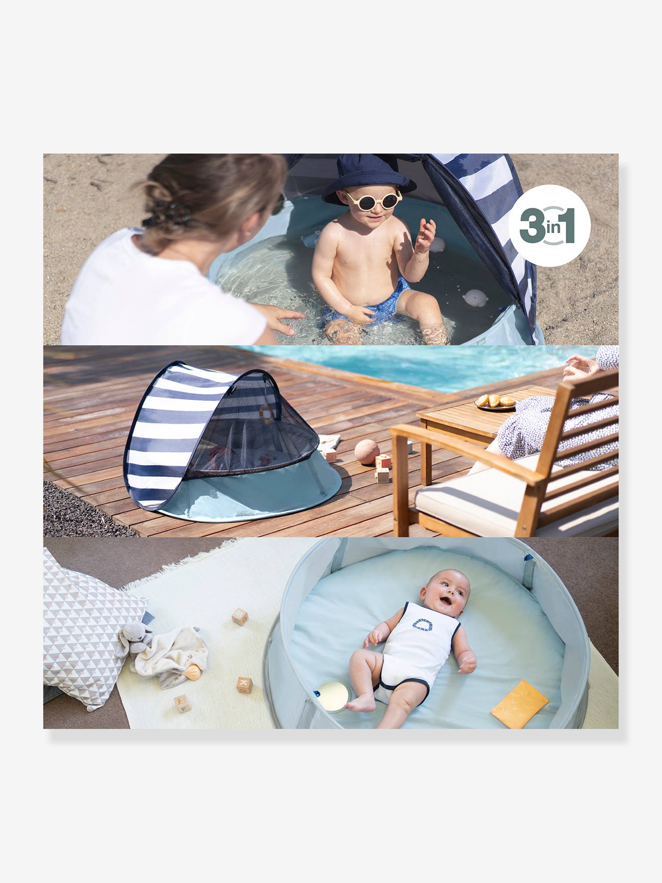 Tenda pop-up anti-UV Aquani BABYMOOV, azul médio liso com estampas.