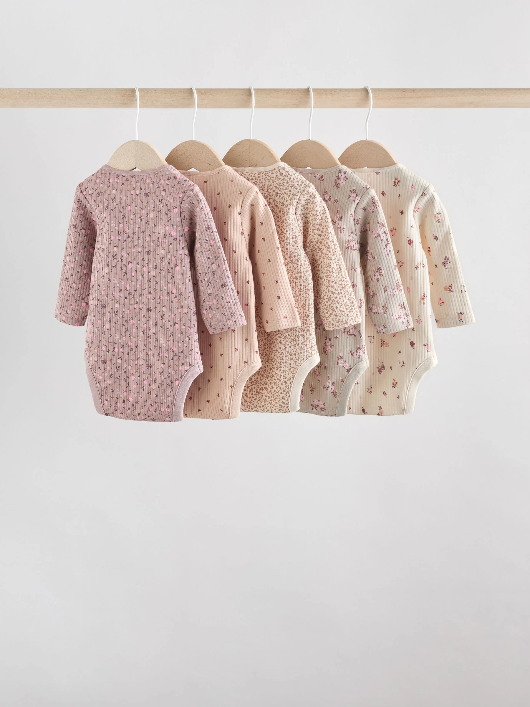 Caramel Brown Ditsy Floral - Set van 5 rompers met lange mouwen