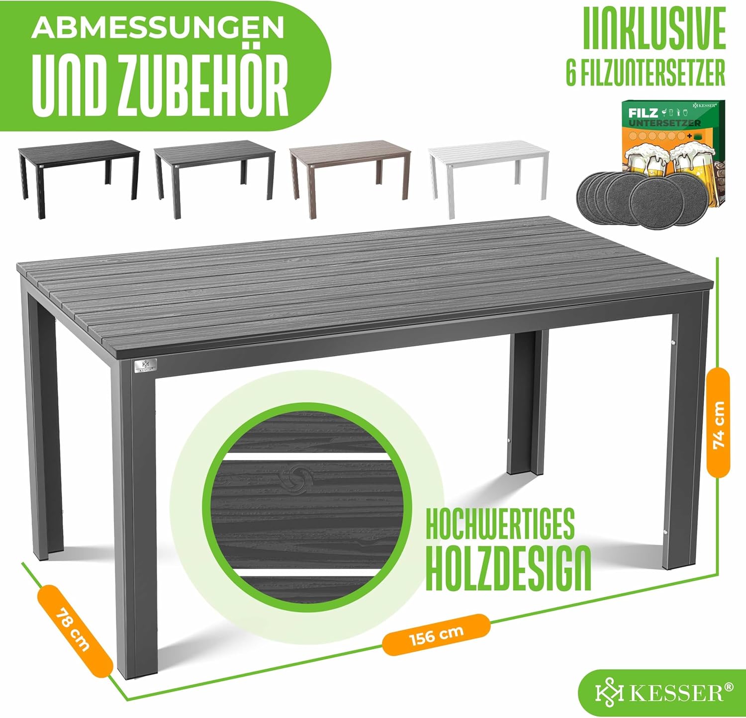 KESSER® Gartentisch 156x78cm für bis 6 Personen Esstisch Wetterfest & UV-Beständig | Outdoor Tisch mit pulverbeschichteter Stahl-Gestell & Kunststoff Tischplatte in Holz-Optik inkl. 6 Filz-Untersetzer