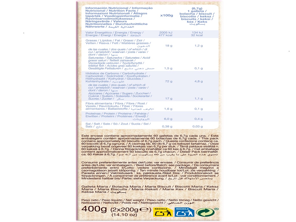 BOLACHA GULLON MARIA DOURADA BIO 400G