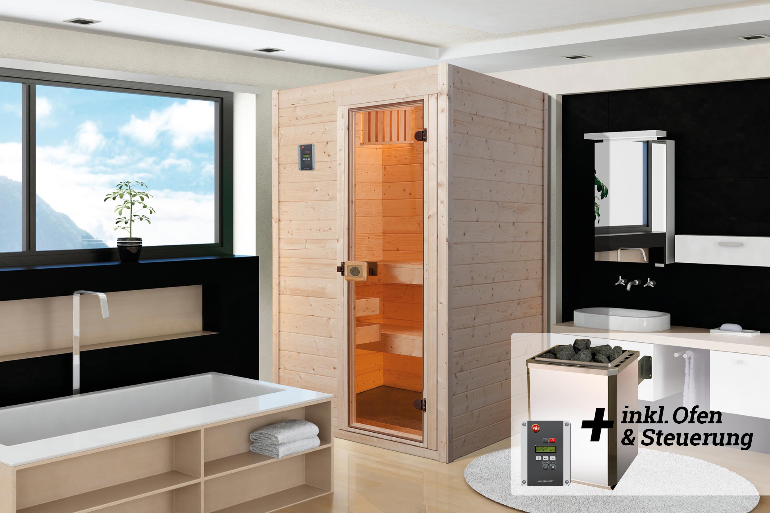 weka Massivholz-Sauna VALIDAGr. 1 Sparset 4,5 kW OS inkl. digitaler Steuerung, Glastür