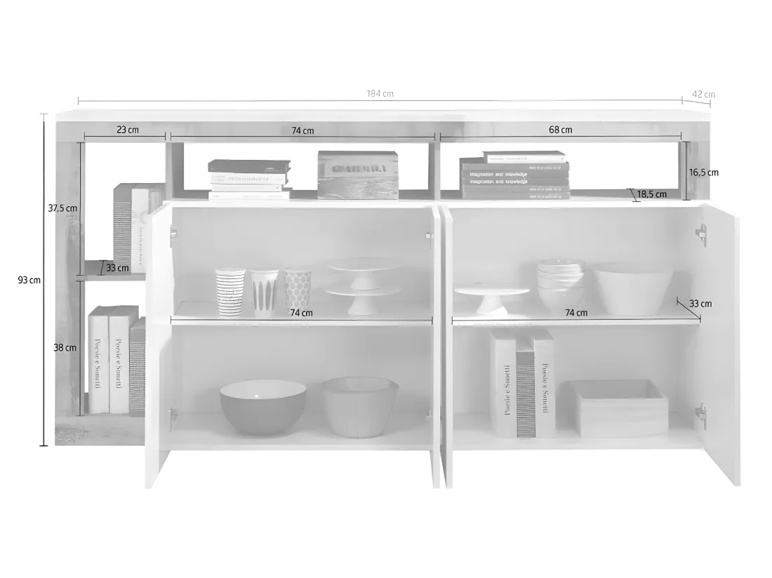 Buffet SEFRO - 4 portes et 4 niches - Blanc laqué et béton