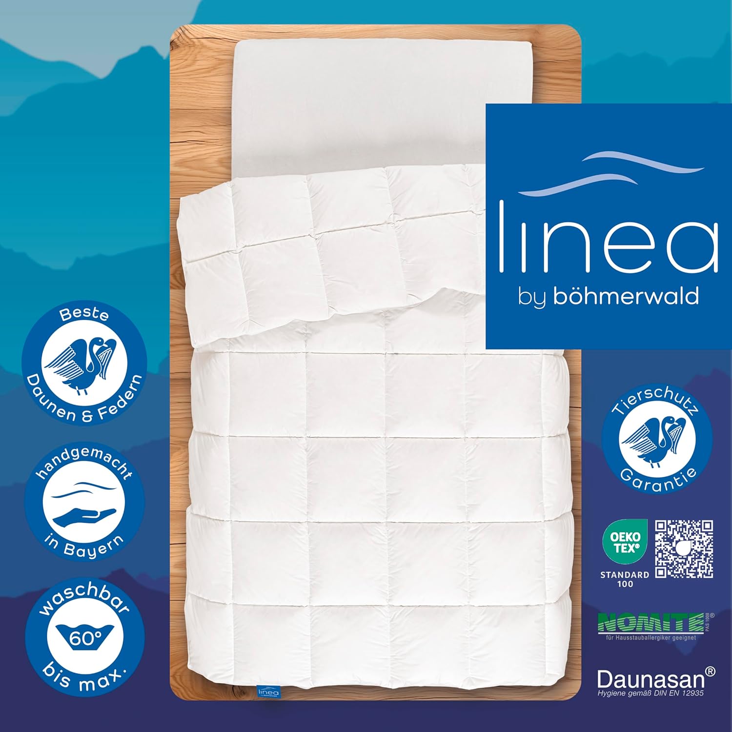LINEA by böhmerwald - comfort - kuschlige Daunendecke normal, 135x200, 90% Daunen / 10% Federn Klasse 1, Allergiker geeignet, waschbar bis 60 °C, in Deutschland produziert