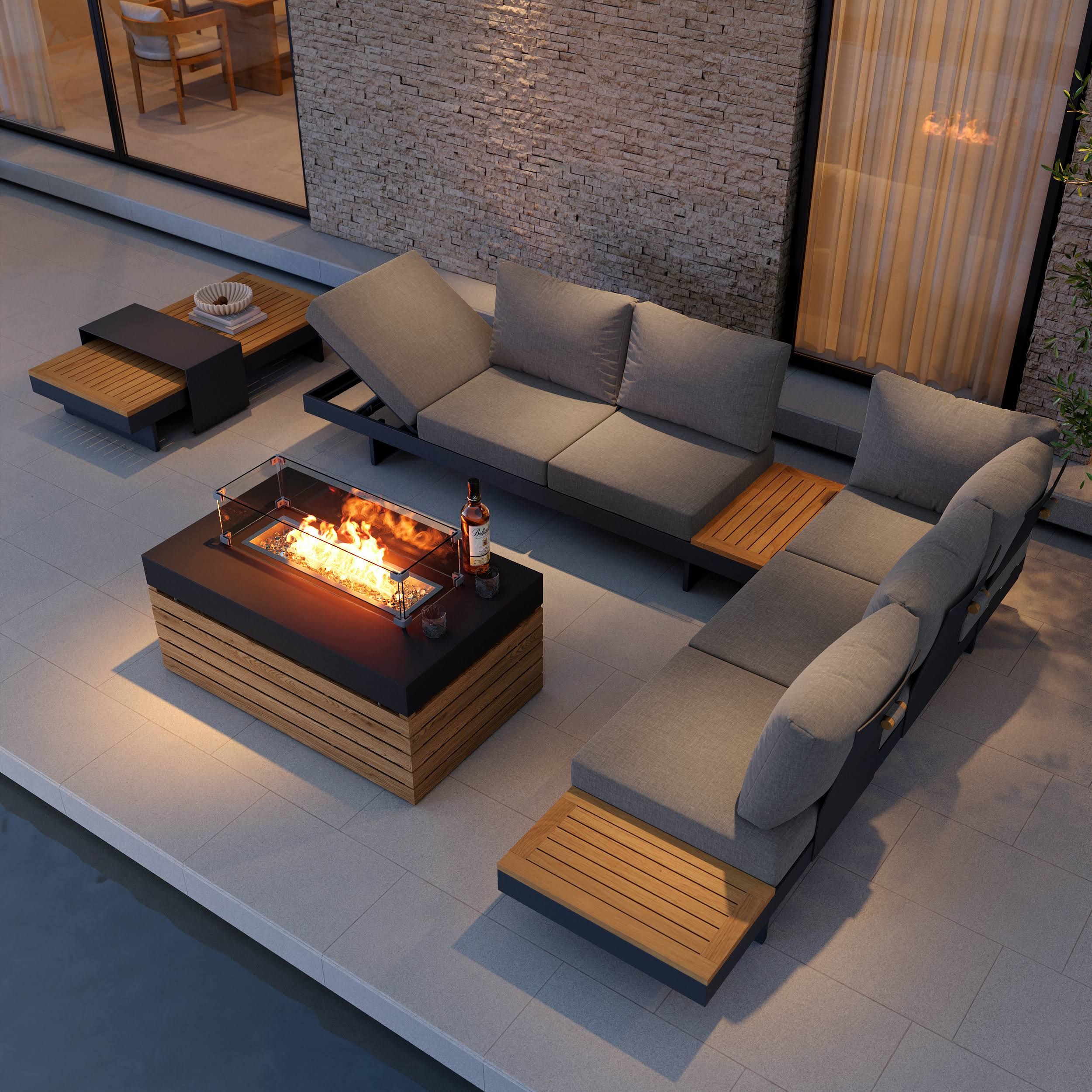 Gartenmöbel Lounge Set mit Feuerstelle für 6 Personen