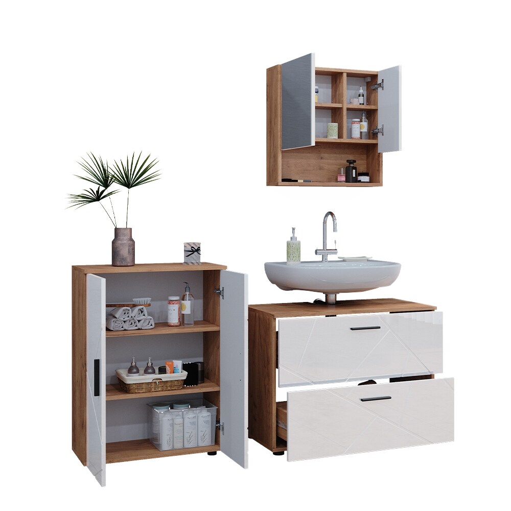 Vicco Badmöbelset Irma Eiche Weiß Hochglanz modern Badezimmerschrank Badschrank Badezimmermöbel Waschtischunterschrank Spiegelschrank Kommode Schranktür Schrankschublade Schrankfach