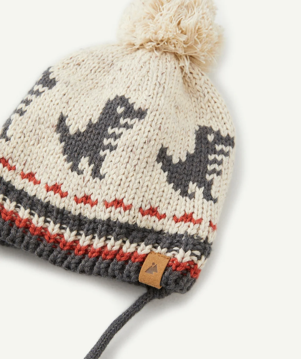BONNET TRICOT BÉBÉ GARÇON EN FIBRES RECYCLÉES BEIGE AVEC MOTIFS ET POMPON