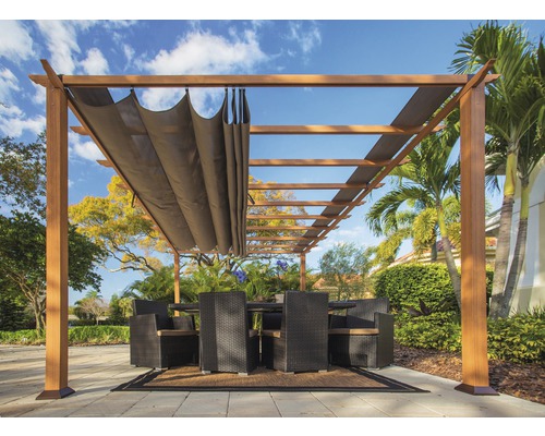 Aluminium pergola, paviljoen Florence 11x16 incl. verstelbare parasol 350 x 505 cm houtlook lichtbruin