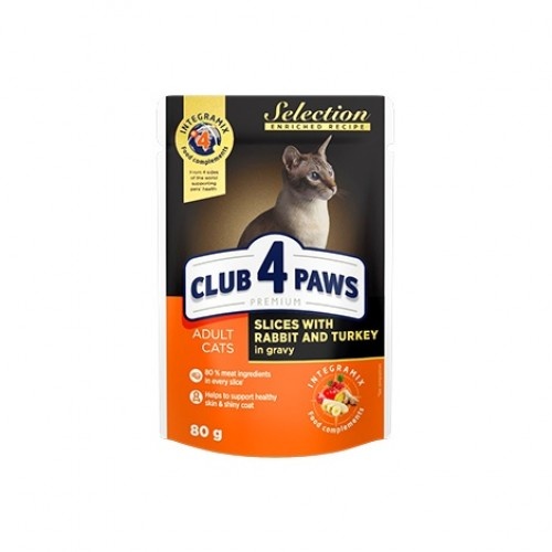 Ração úmida para gatos Club 4 Paws sabor coelho e peru ao molho.
