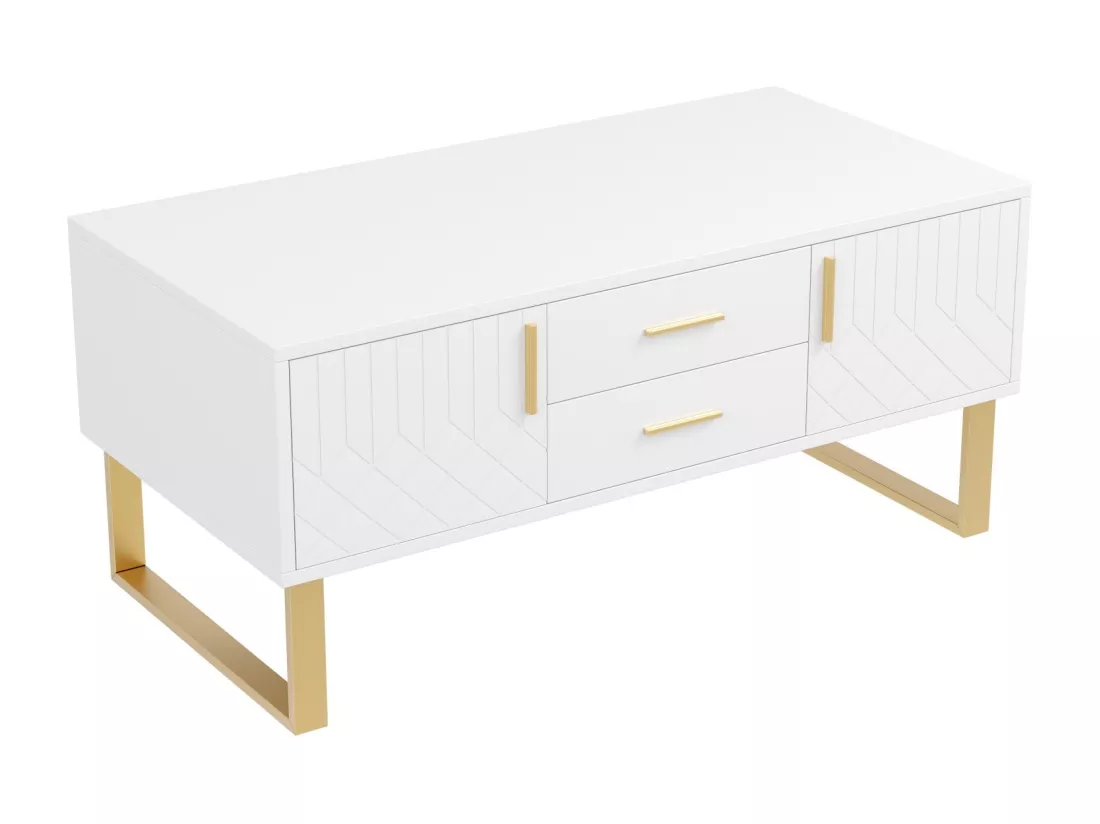 Table basse brillante 2 portes et 2 tiroirs, panneaux de particules, 100x50x45cm, Blanc