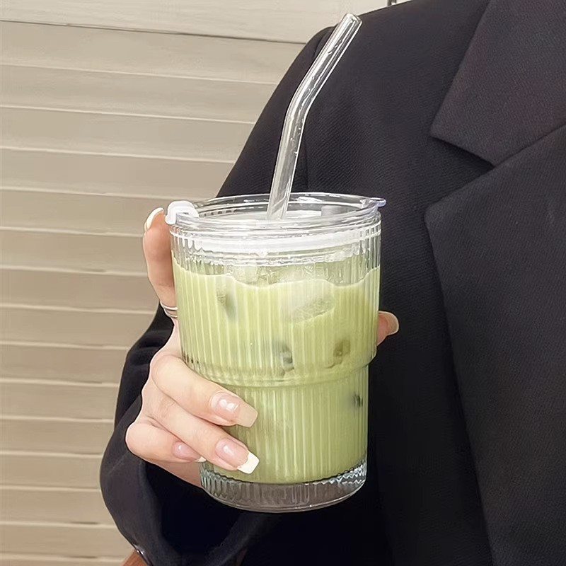 (450ml) Trinkglas Cocktail Cup Getränke Glas Kaffee Becher inkl. Glas Strohhalm   Deckel - Transparent