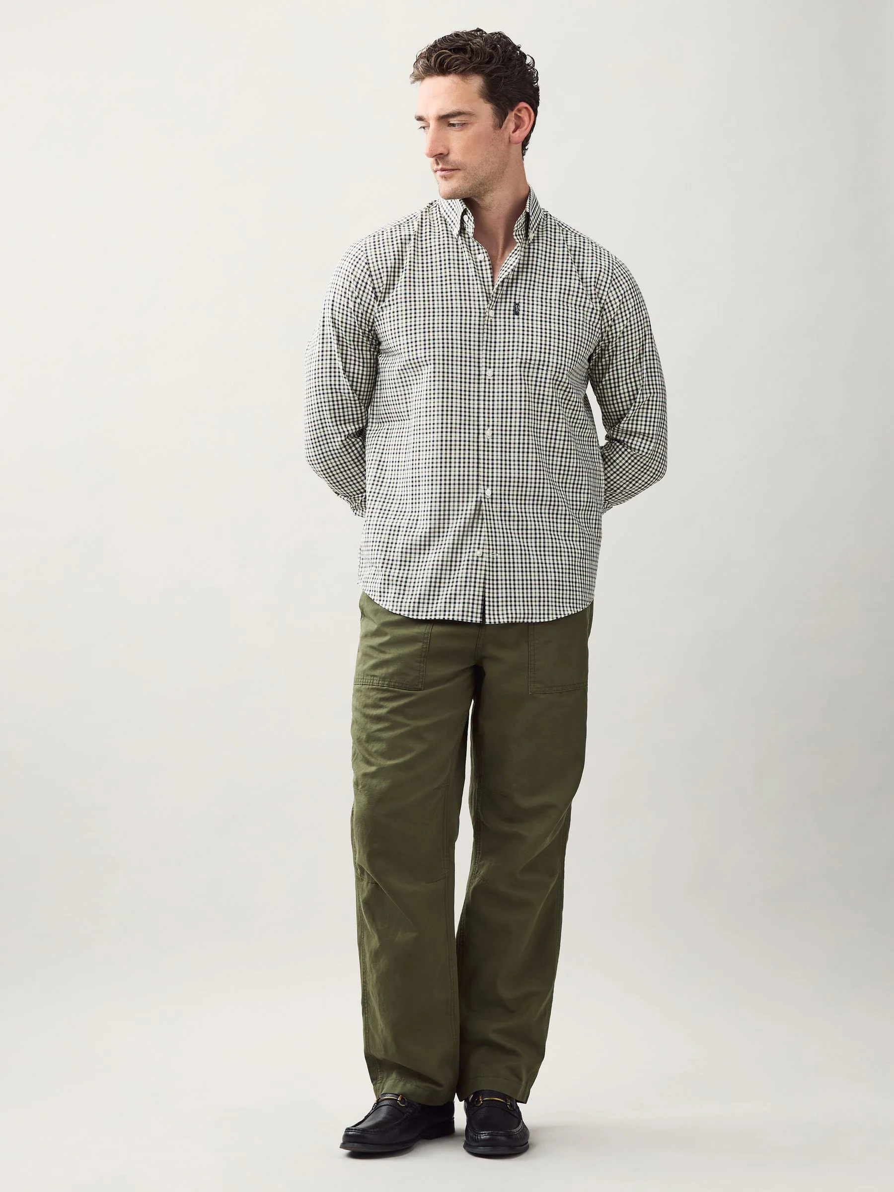 Neutraal bruin/marineblauw gingham-ruit - Eenvoudig te strijken Oxford-overhemd met knopen en standaard pasvorm