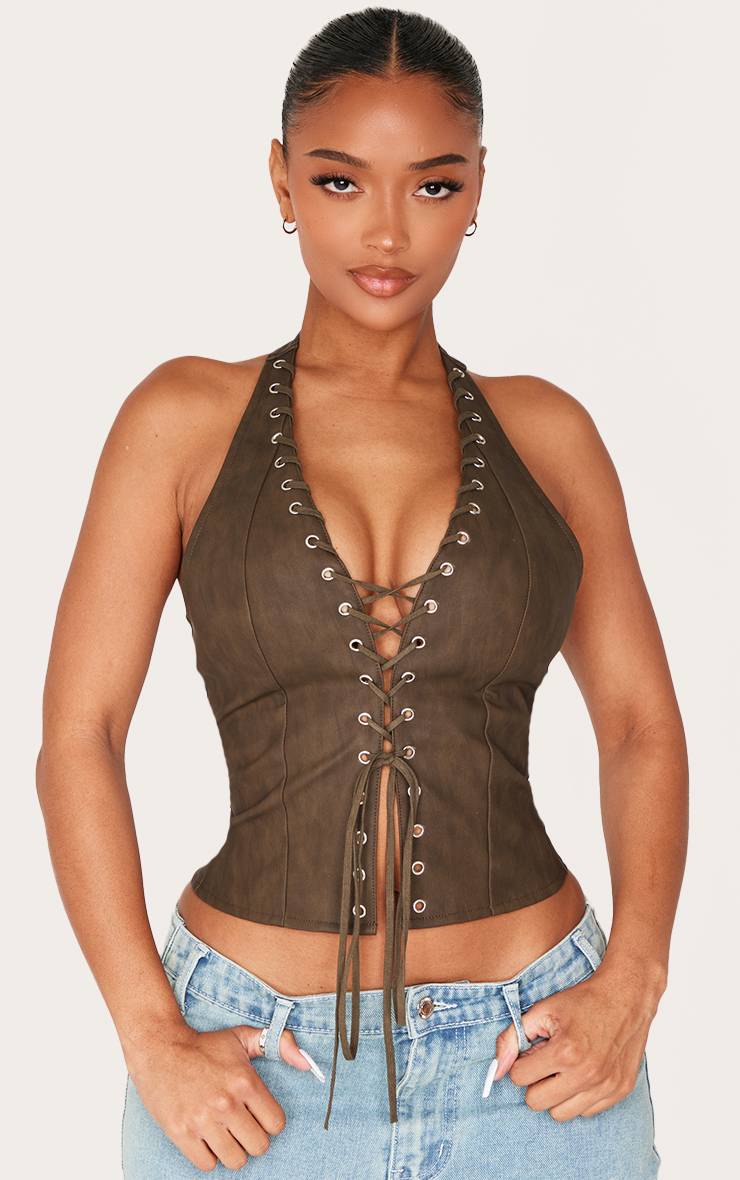 Vert Olive Corset Shape En Synthétiquecuir Noir À Encolure Dos-nu Avec Laçage