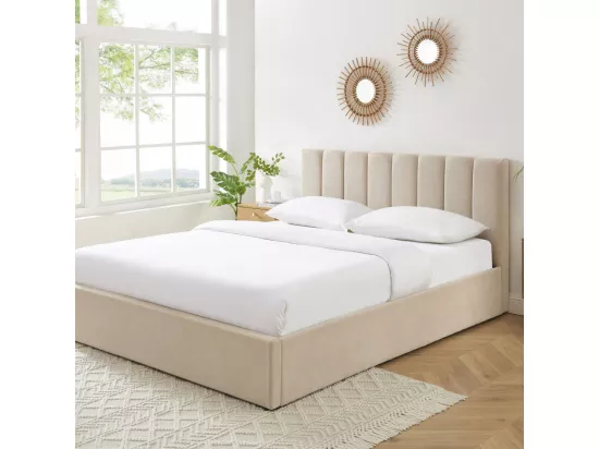 Billie - Lit coffre matelassé en tissu 160x200cm - Beige