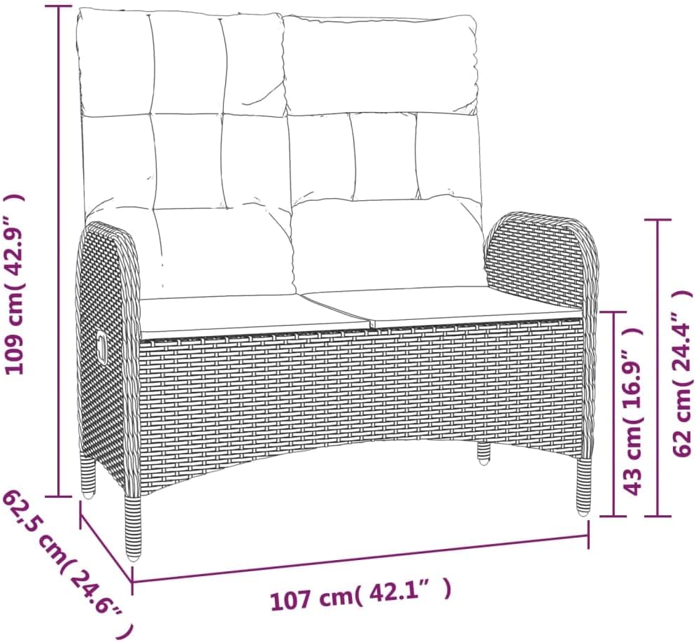 vidaXL Gartenbank, Sitzbank mit Liegefunktion Kissen, Parkbank Verstellbare Rückenlehne Stahlrahmen, Gartenmöbel Bank, 107cm Poly Rattan Grau