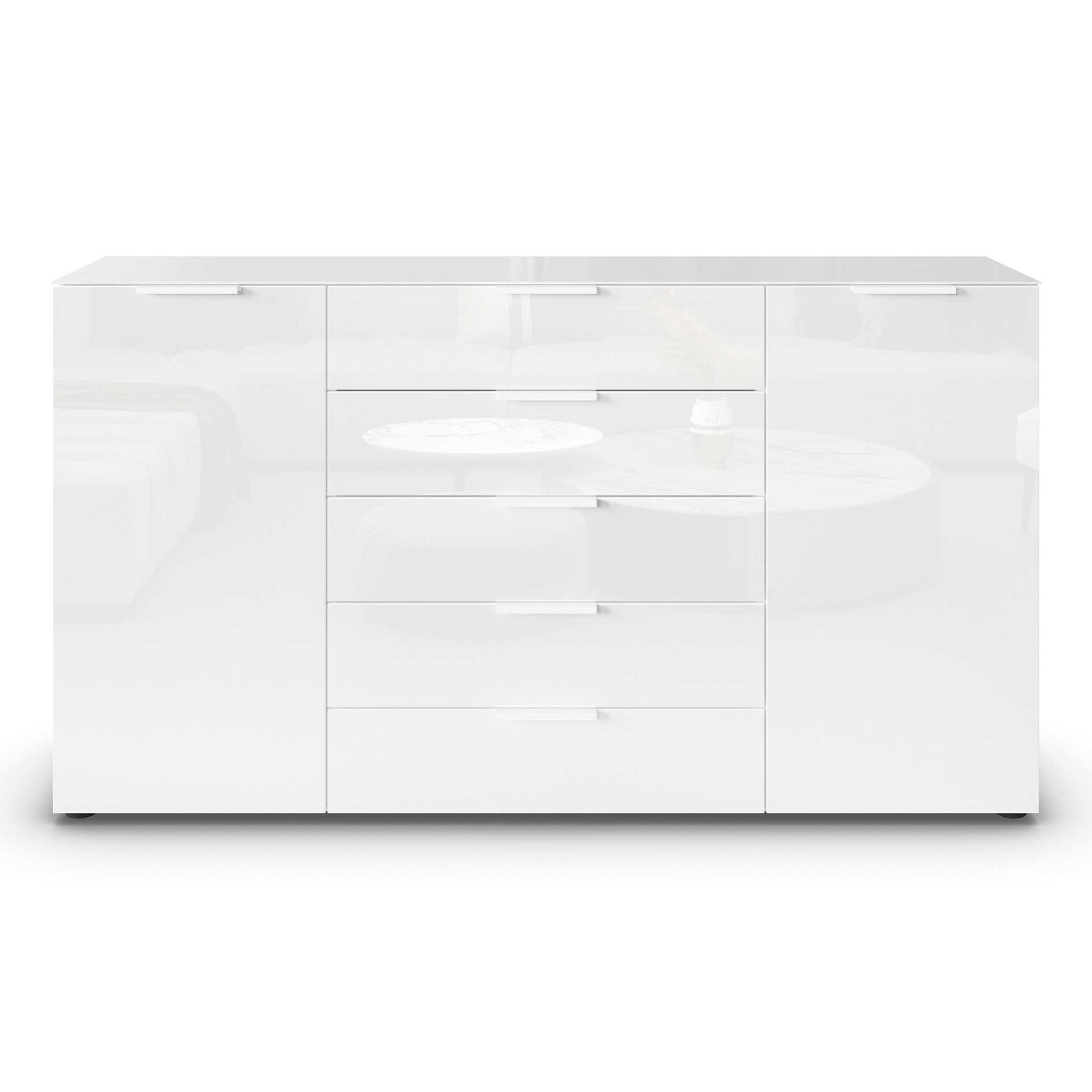 Kommode - alpinweiß-Kristallweißglas - weiße Griffe - 180 cm