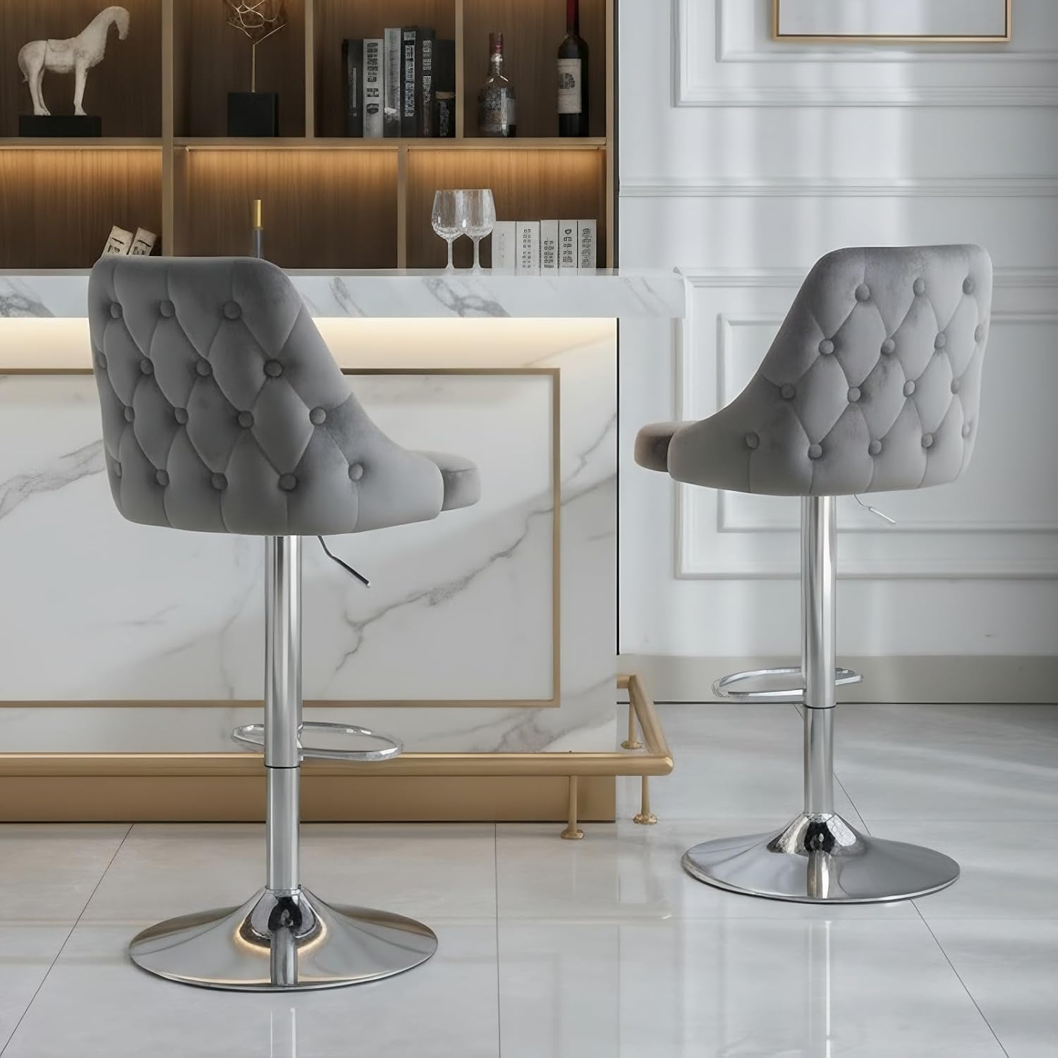 chairus 2er Set Barhocker Drehbar Küche Samt Barstuhl Thekenhocker Höhenverstellbar Armlose Bistrohocker Hohe Hocker Esszimmer (Grau)