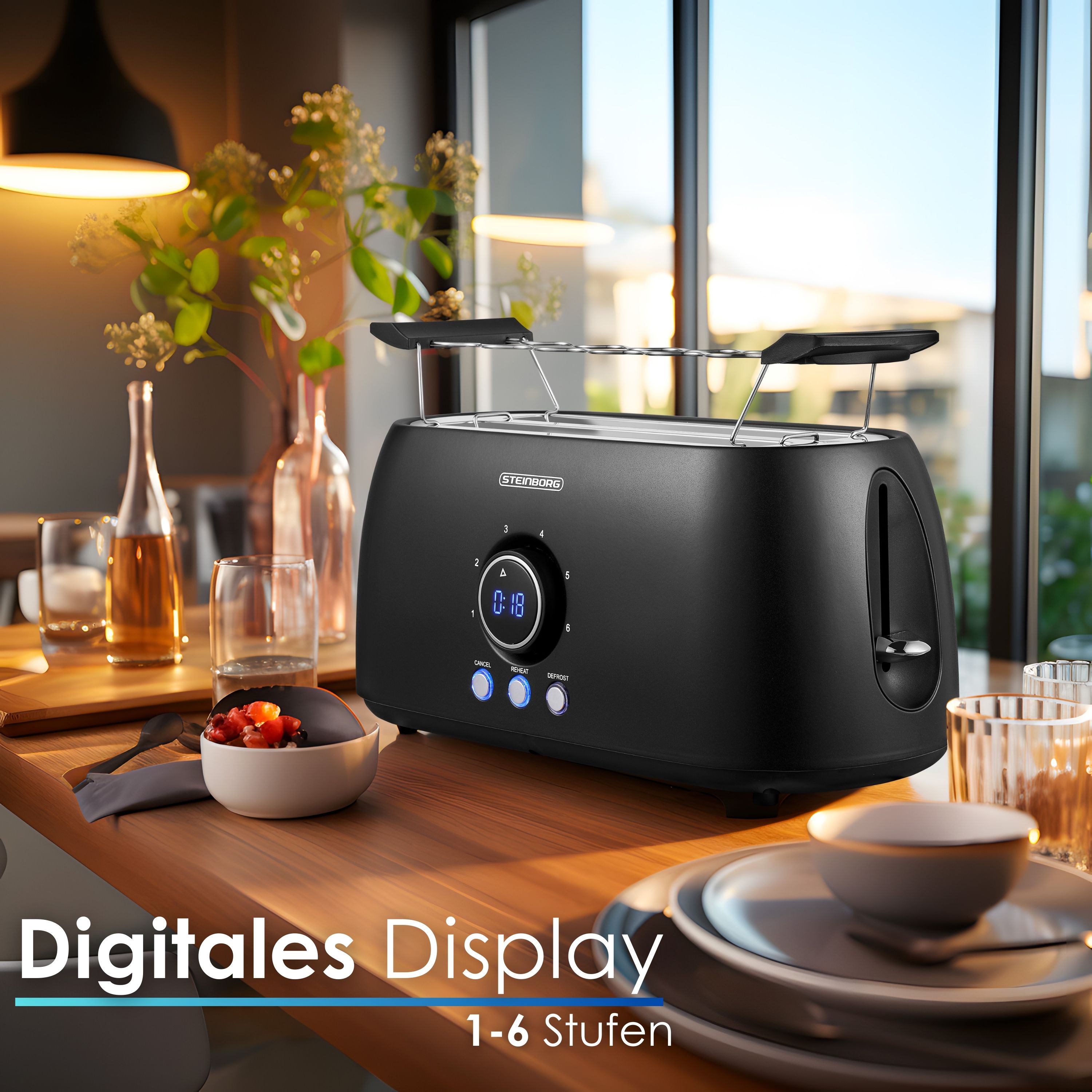 Steinborg 4 Scheiben XXL Toaster Digitales Display m. Brötchenaufsatz