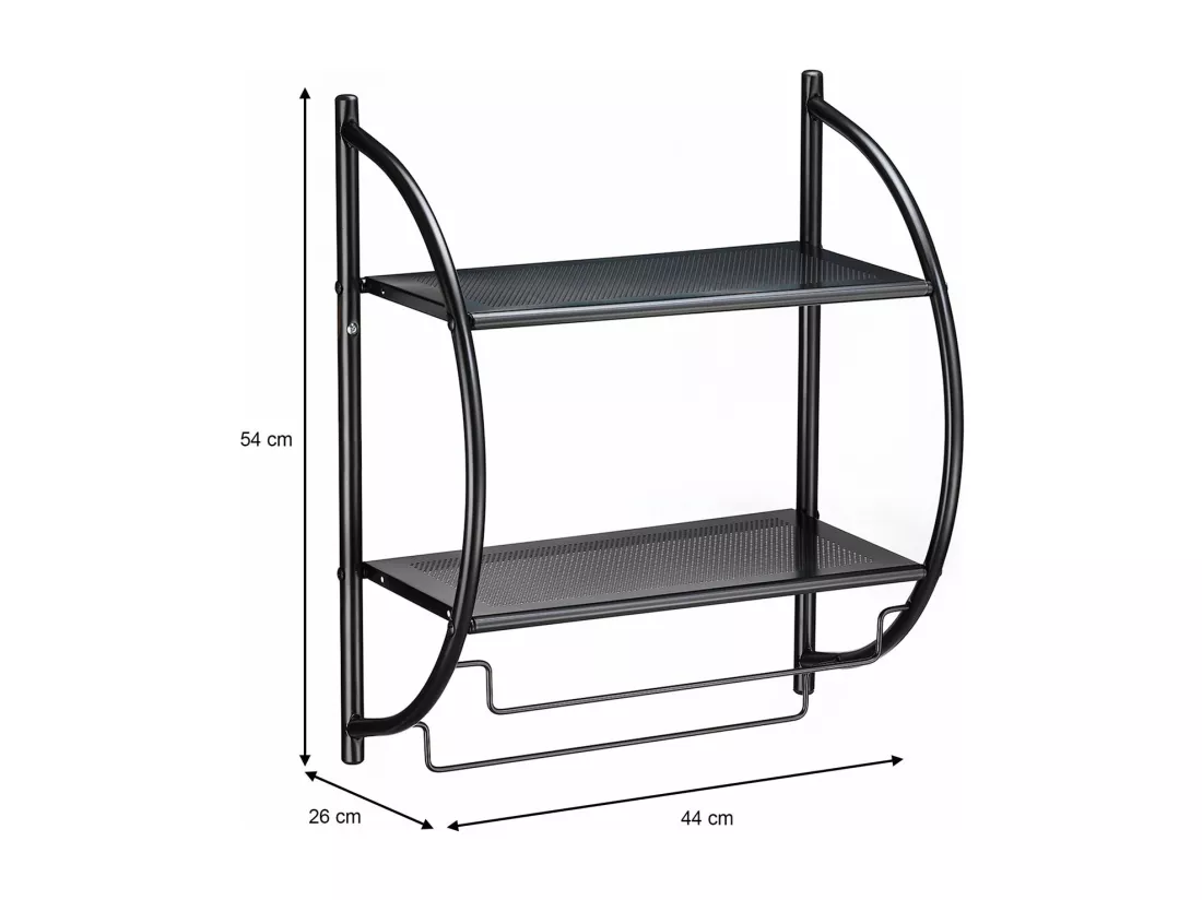 Etagère de salle de bain murale JANINE avec 2 tablettes et 2 tringles portes-serviettes, en métal noir