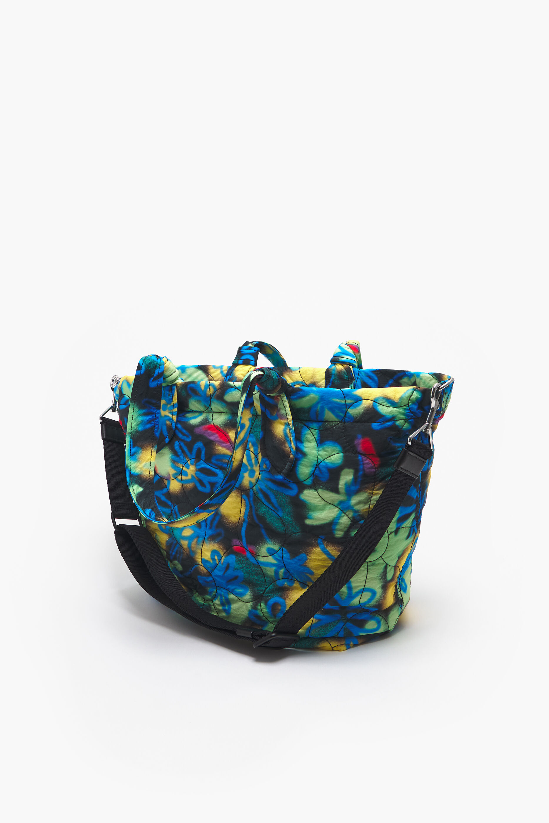 Sacola de compras tamanho XL em nylon com estampa de flores de grafite azul.