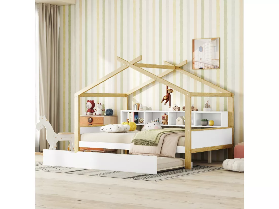 Blanc 140 * 200cm lit familial, lit d'enfant, avec lit gigogne, quatre treillis de rangement
