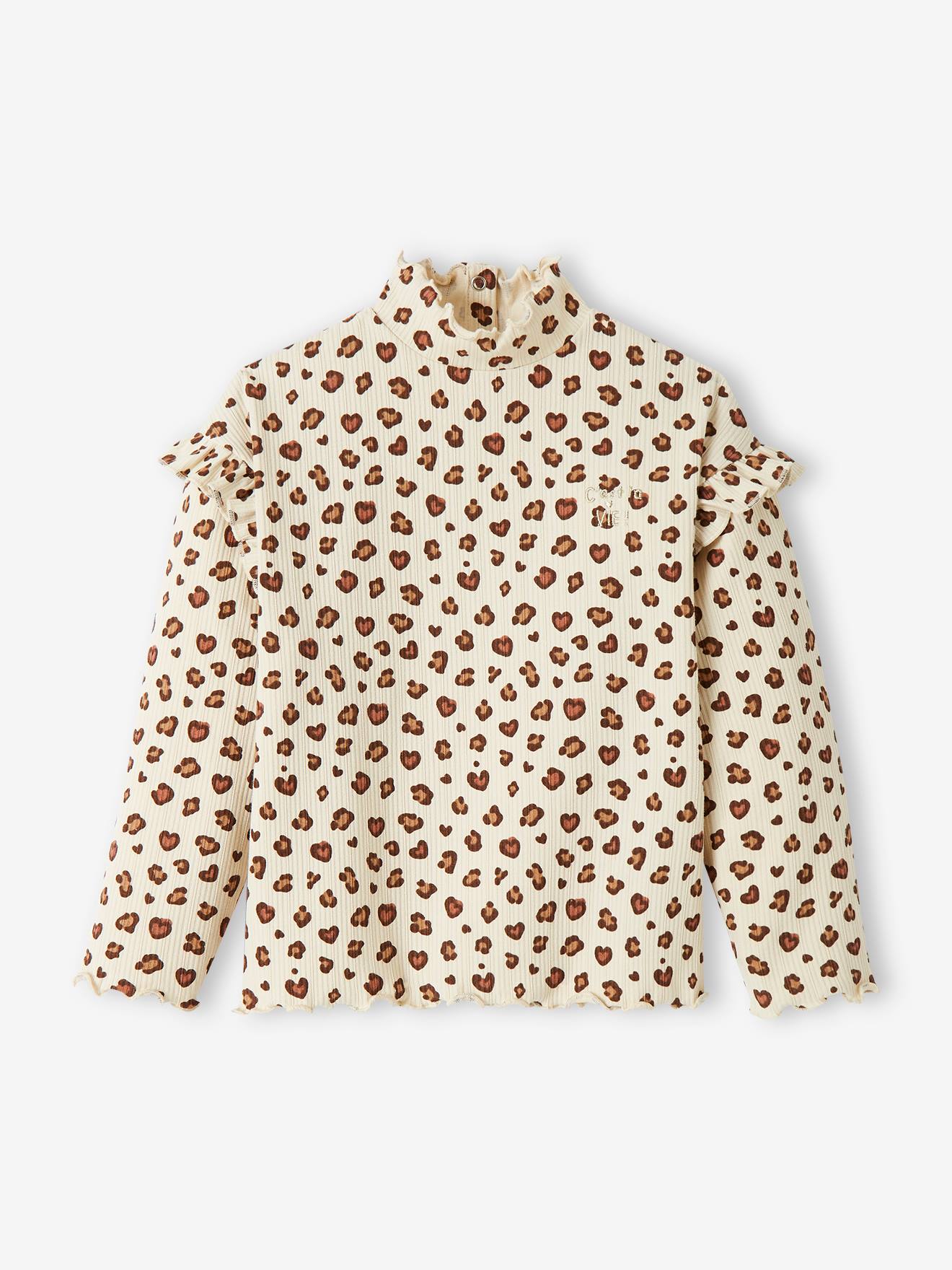 Camiseta de gola alta em malha canelada com mangas franzidas, estampa bege claro, para meninas.