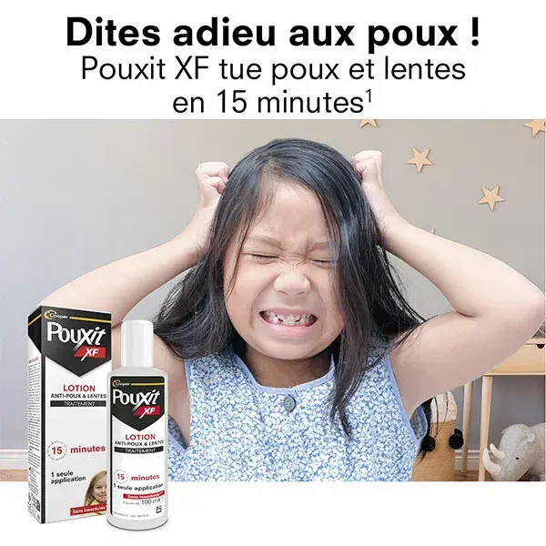 Loção antipiolhos e lêndeas Pouxit Extra Forte. Age em apenas uma aplicação de 15 minutos. Embalagem com 2 unidades de 100 ml.