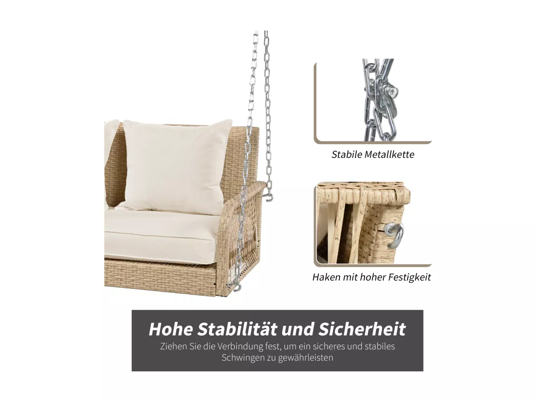 Fauteuil suspendu 114 cm en rotin PE - 2 Places - Coussin d'assise rembourrage 11 cm - Beige