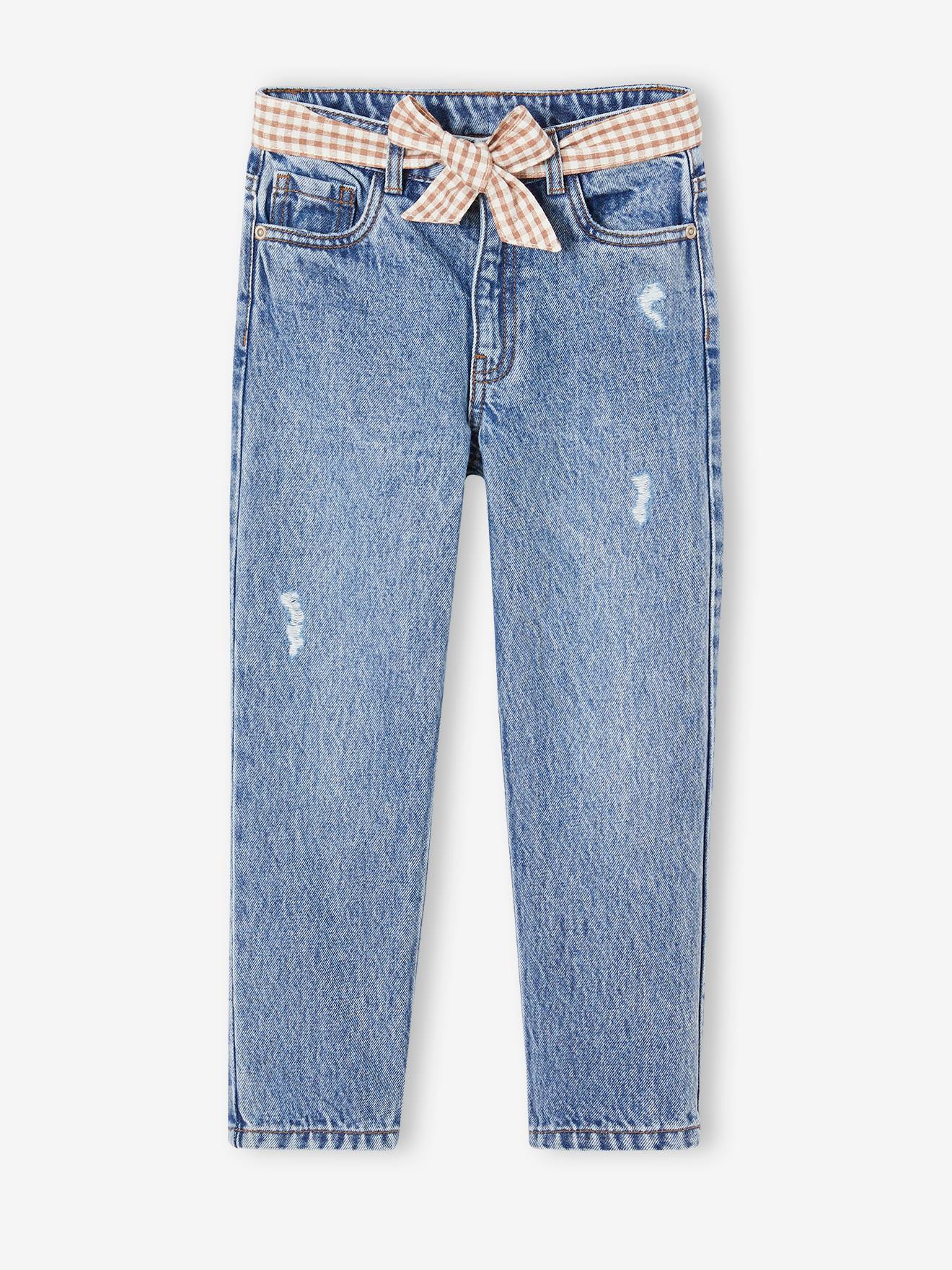 Calça jeans reta sem costura com cinto xadrez vichy para meninas
