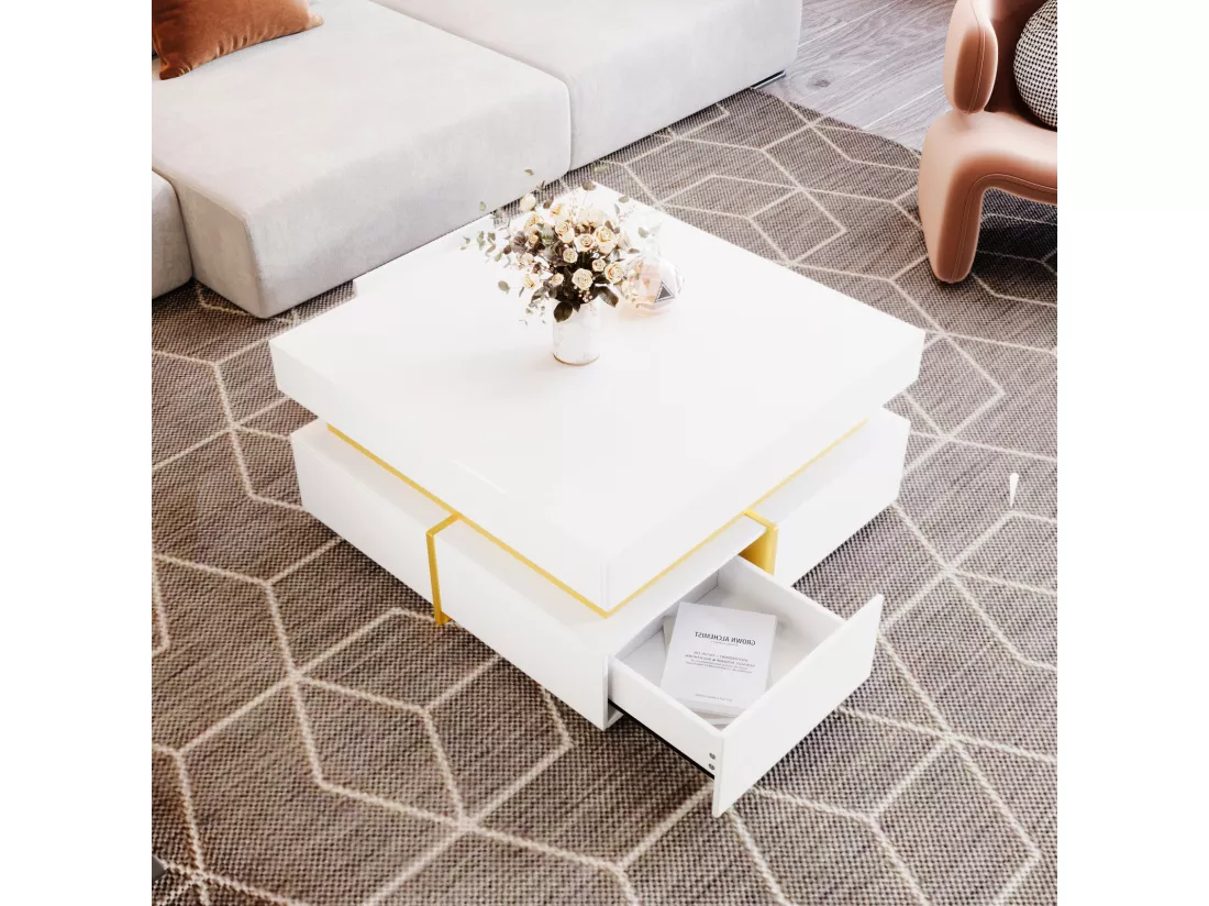 Table basse 70x70cmx35.5, table carré haute brillance avec tiroirs et accents dorés, blanc