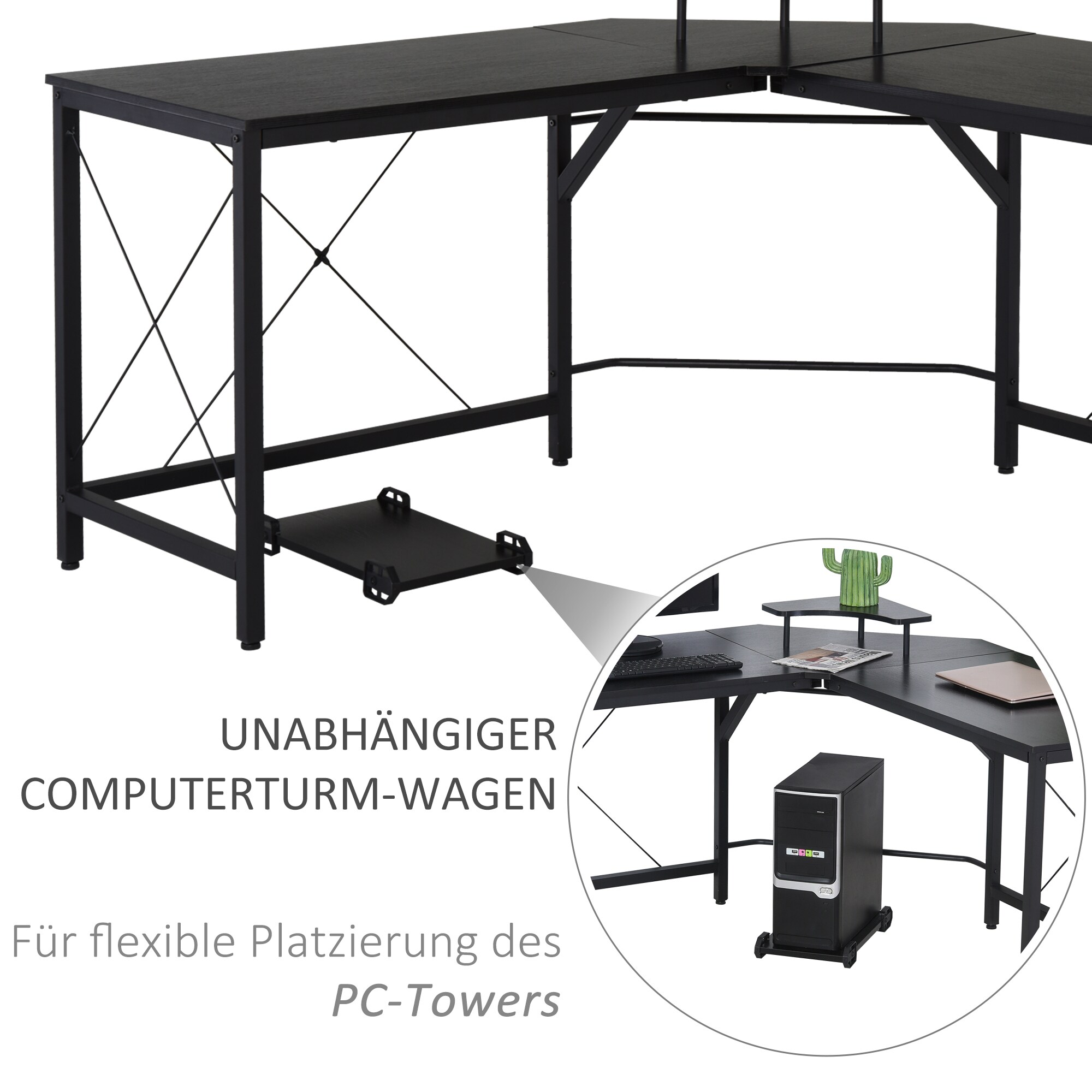 HOMCOM Eckschreibtisch mit Monitorablage schwarz 150L x 150B x 76H cm
