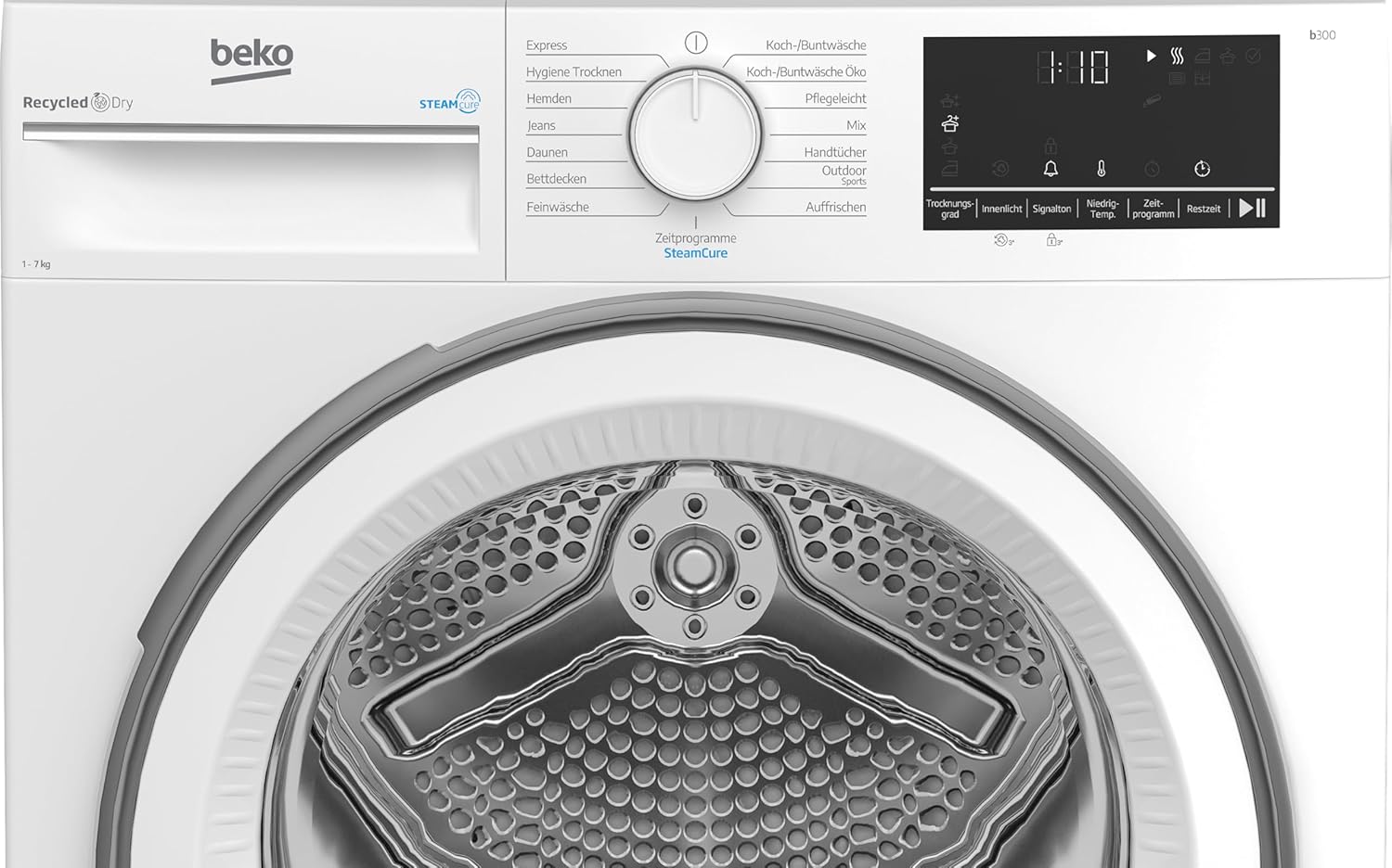 Beko B3T41239A Wäschetrockner, 7 kg, Frontlader Wärmepumpentrockner, SteamCure - Dampffunktion, kombinierter Filtermechanismus, 15 Programme, Knitterschutz, AquaWave Schontrommel, 54,3 cm tief, Weiß