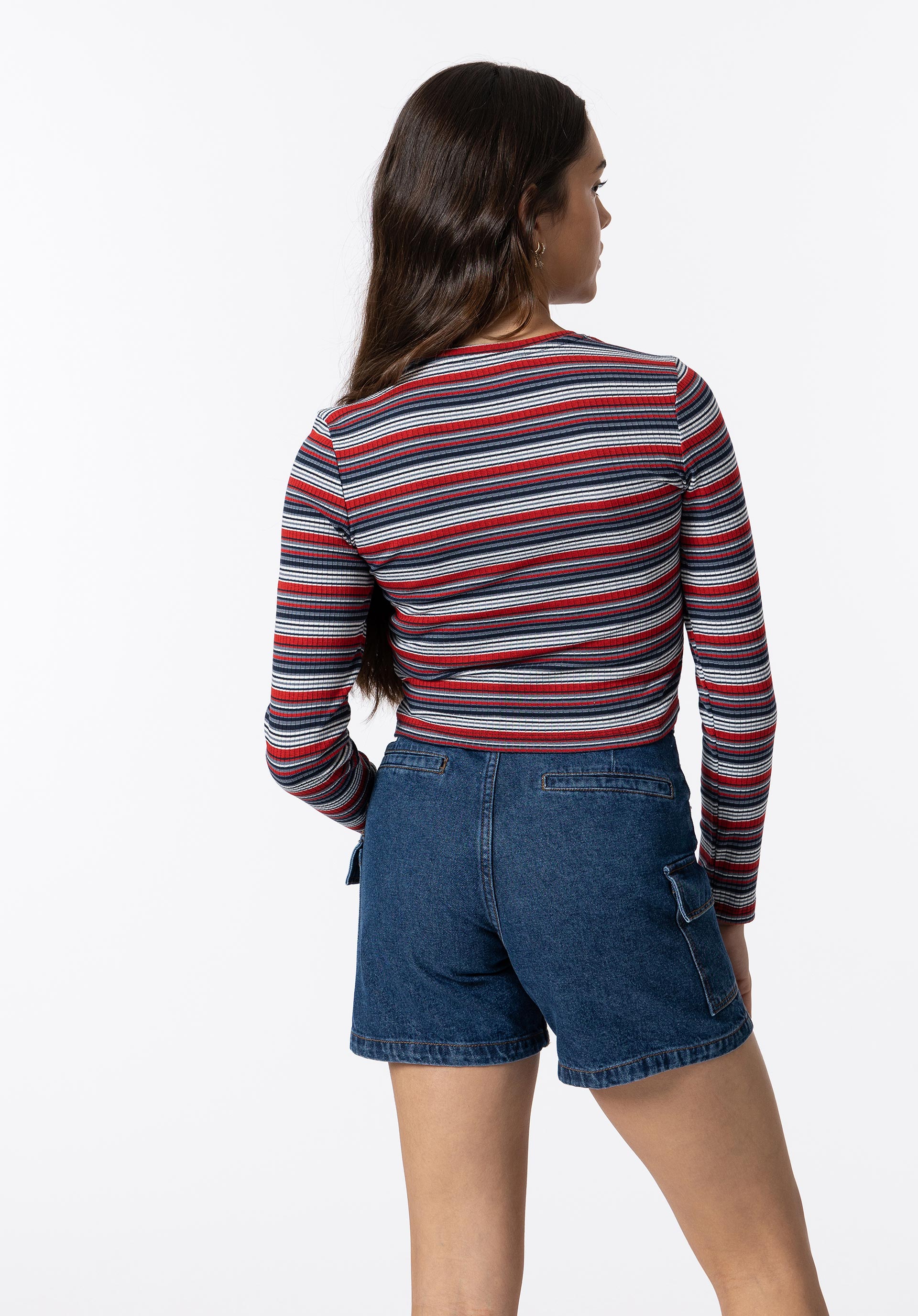T-shirt Cropped Canelada às Riscas