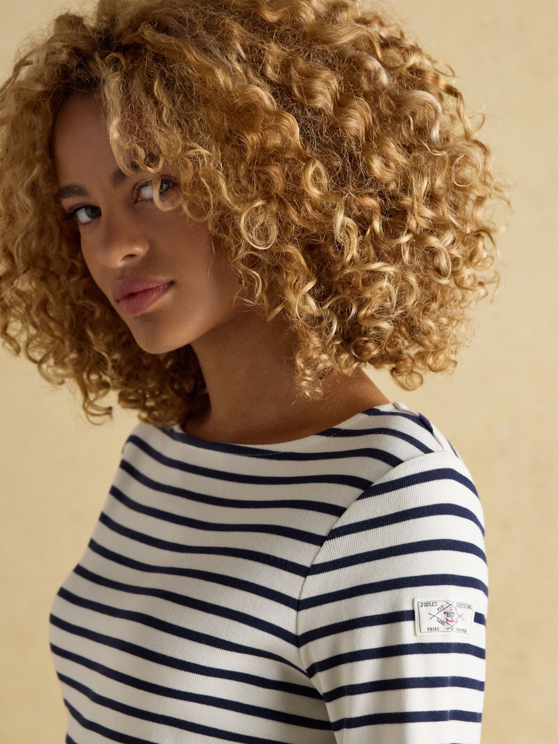 Crème en marineblauw - Joules Harbour Boat Neck Long Sleeve Breton Stripe Top