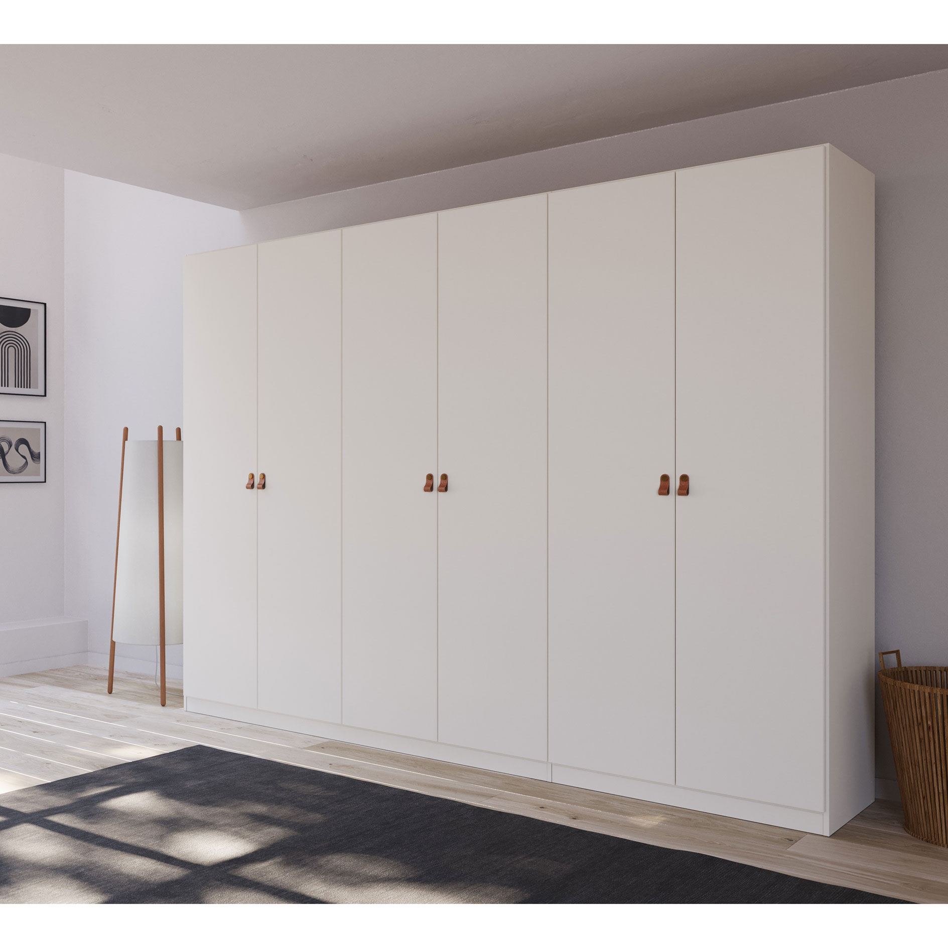 Drehtürenschrank - alpinweiß - Ledergriffe - 271 cm