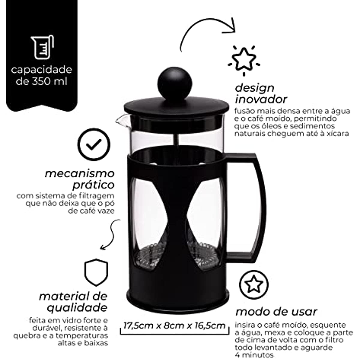 Mimo Style Cafeteira Prensa Francesa, Capacidade Para 350 ml, Com Haste e Al&ccedil;a, Resistente, Suporta Altas e Baixas Temperaturas (-20 &deg;C a 180 &deg;C), Excelente Sistema de Filtragem