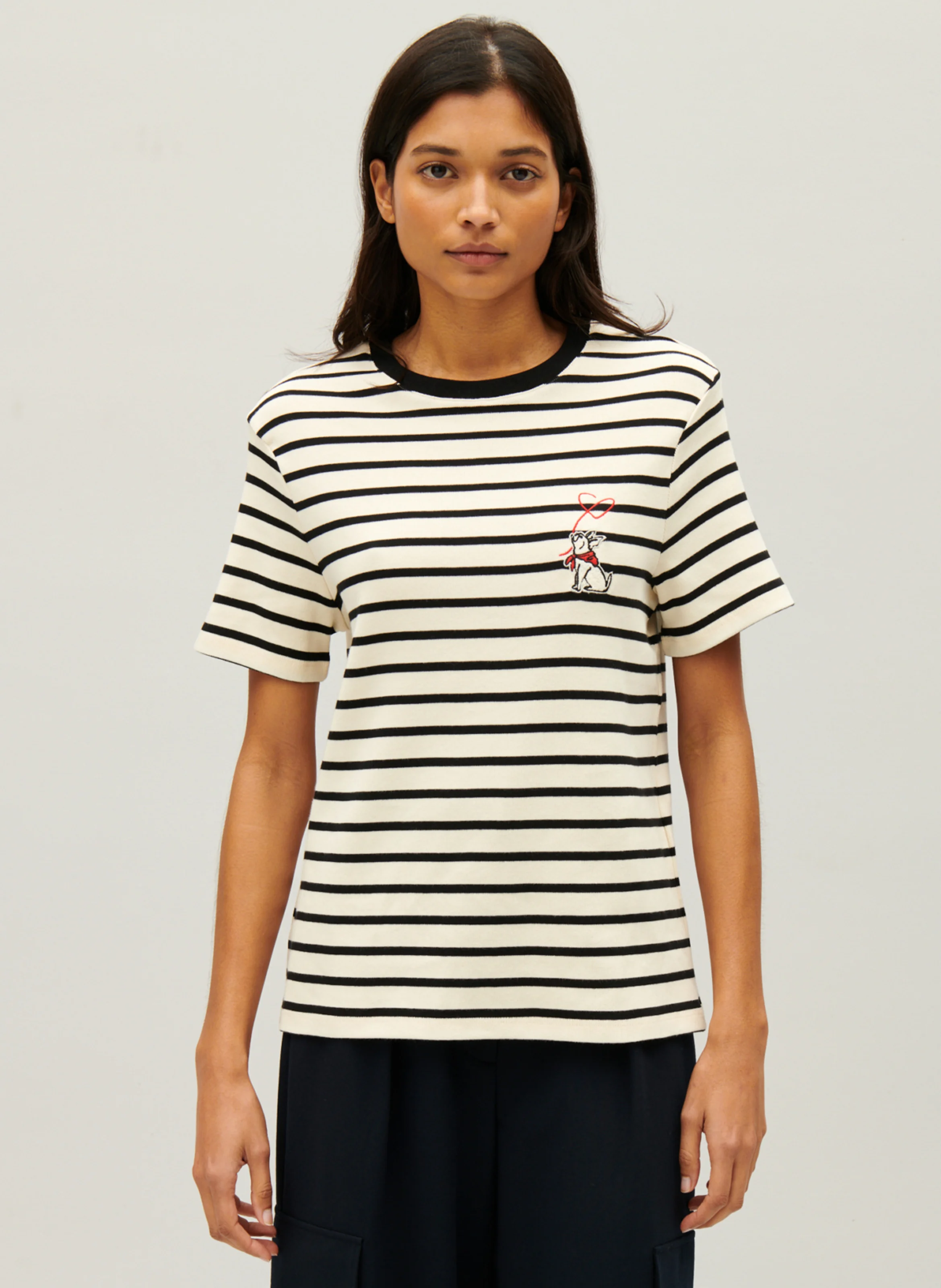 Tee-shirt droit col rond en coton rayé | Multicolore