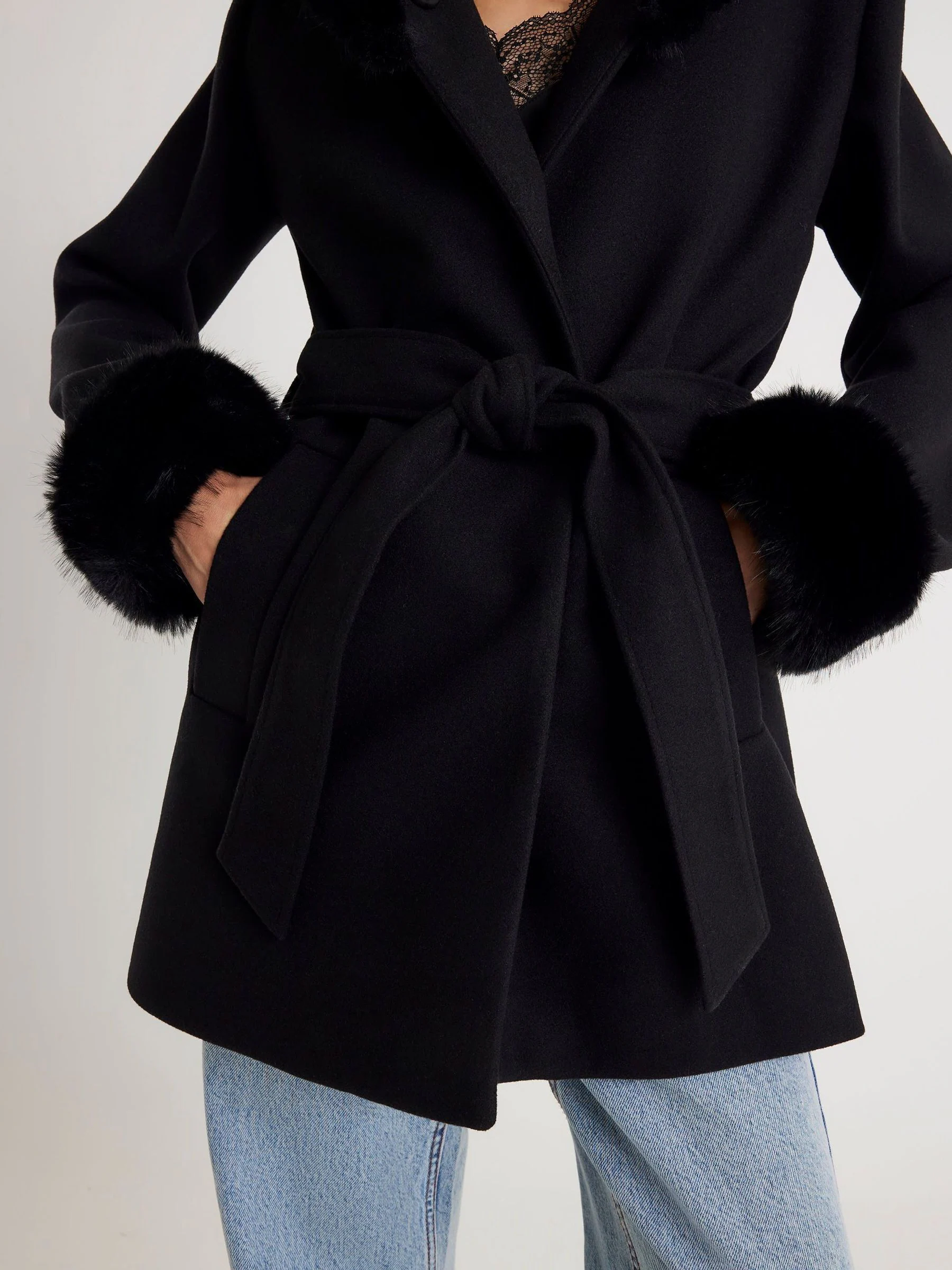 Zwart - River Island Fur Trim Hooded Belted Coat