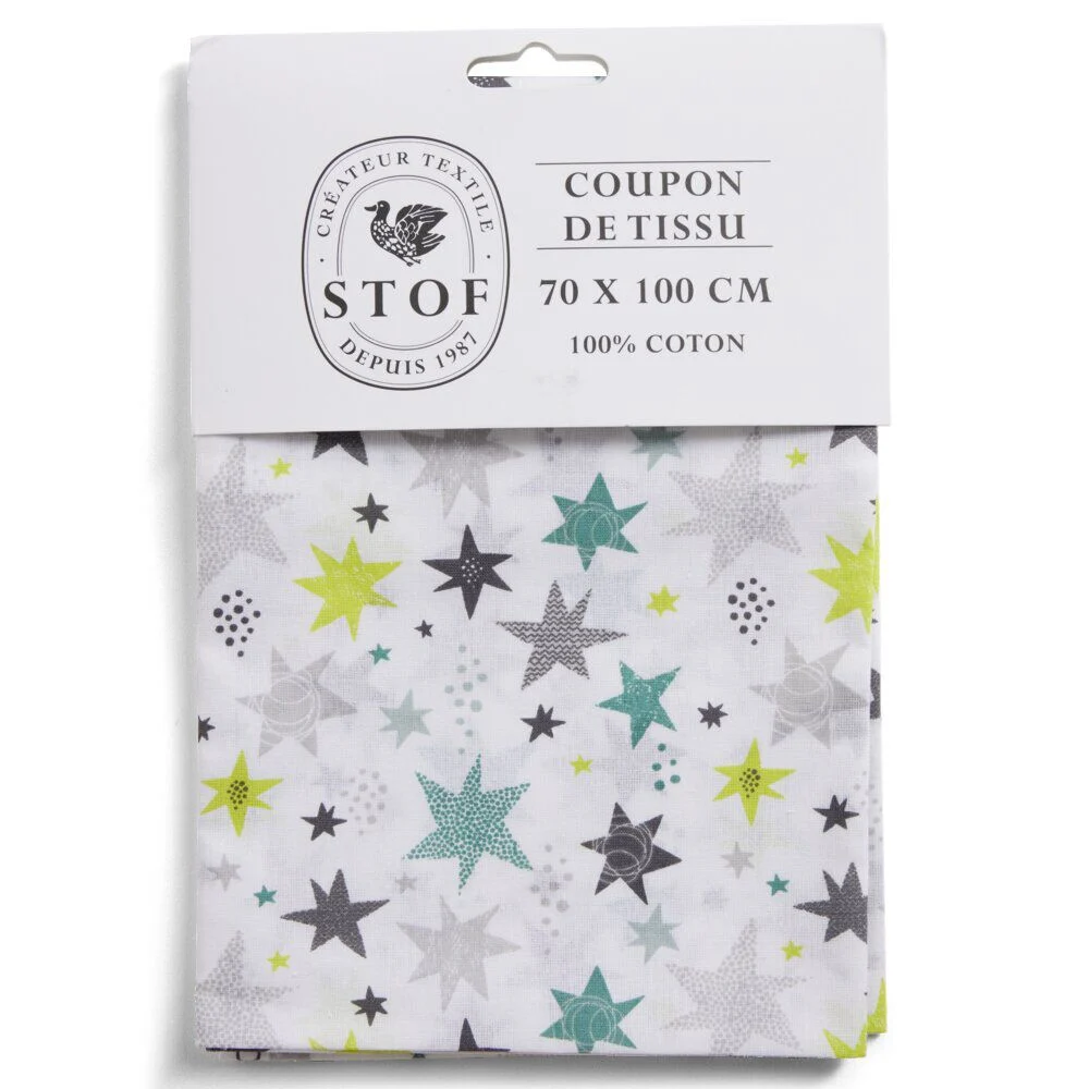 Coupon tissu imprimé Adara 70x100cm coton blanc et vert