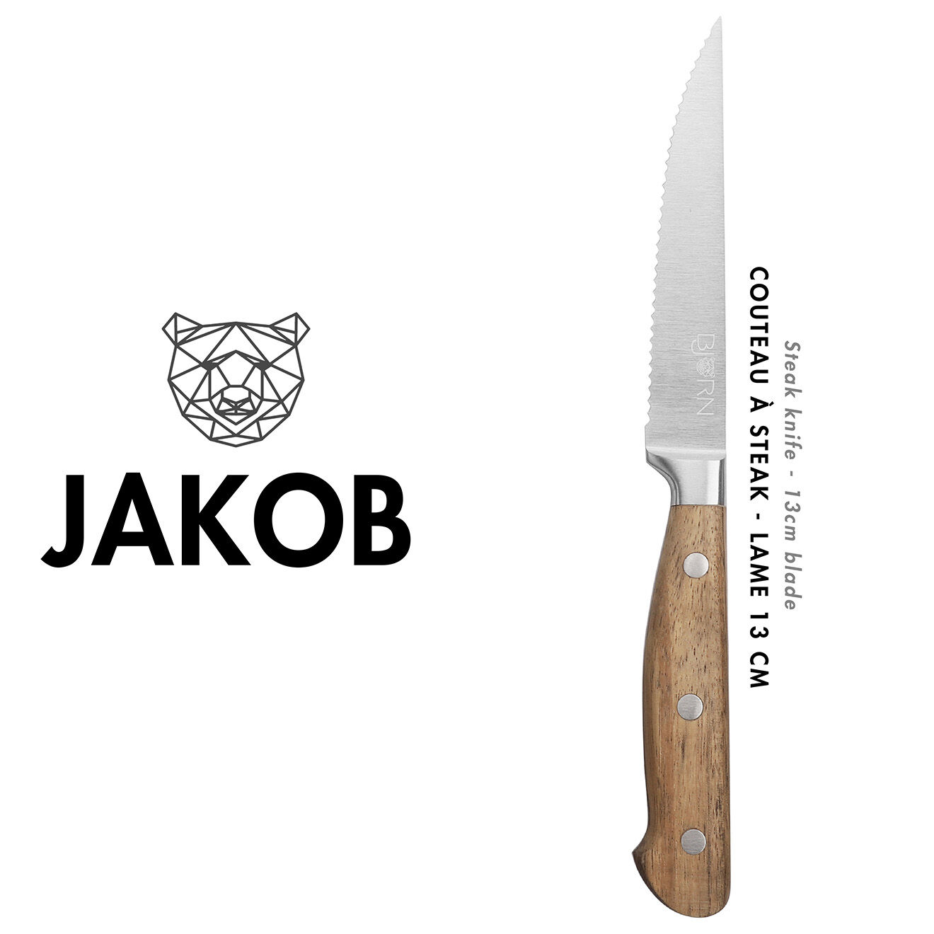 Bjorn 6 Couteaux à steak Jakob inox bois - 22x2x1 cm