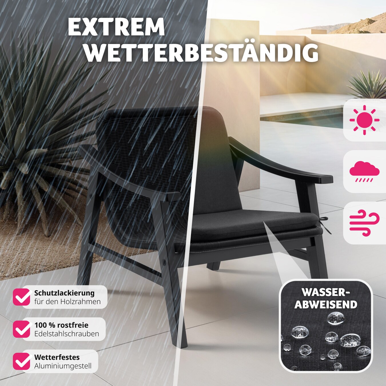 tectake® Rattan Stuhl, mit lackiertem Holzgestell, höhenverstellbare Füße, 69 x 76 x 69,5 cm