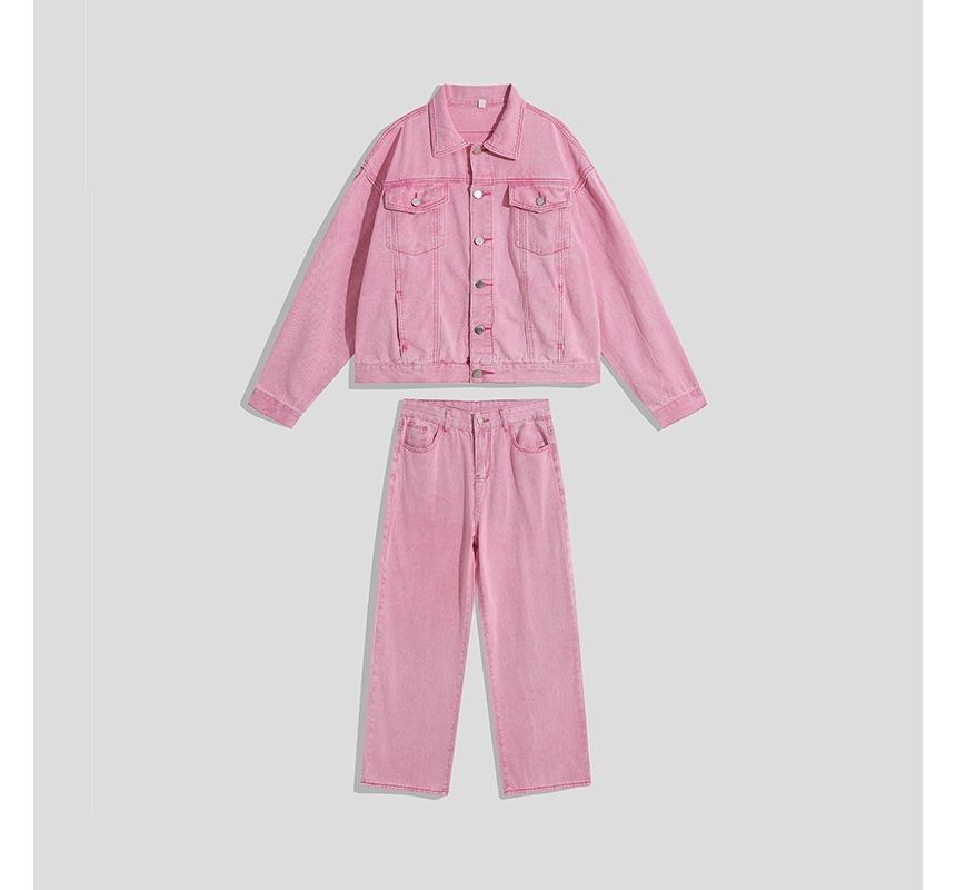 purplelouve - Set: spijkerjasje met kraag + jeans met wijde pijpen en hoge taille